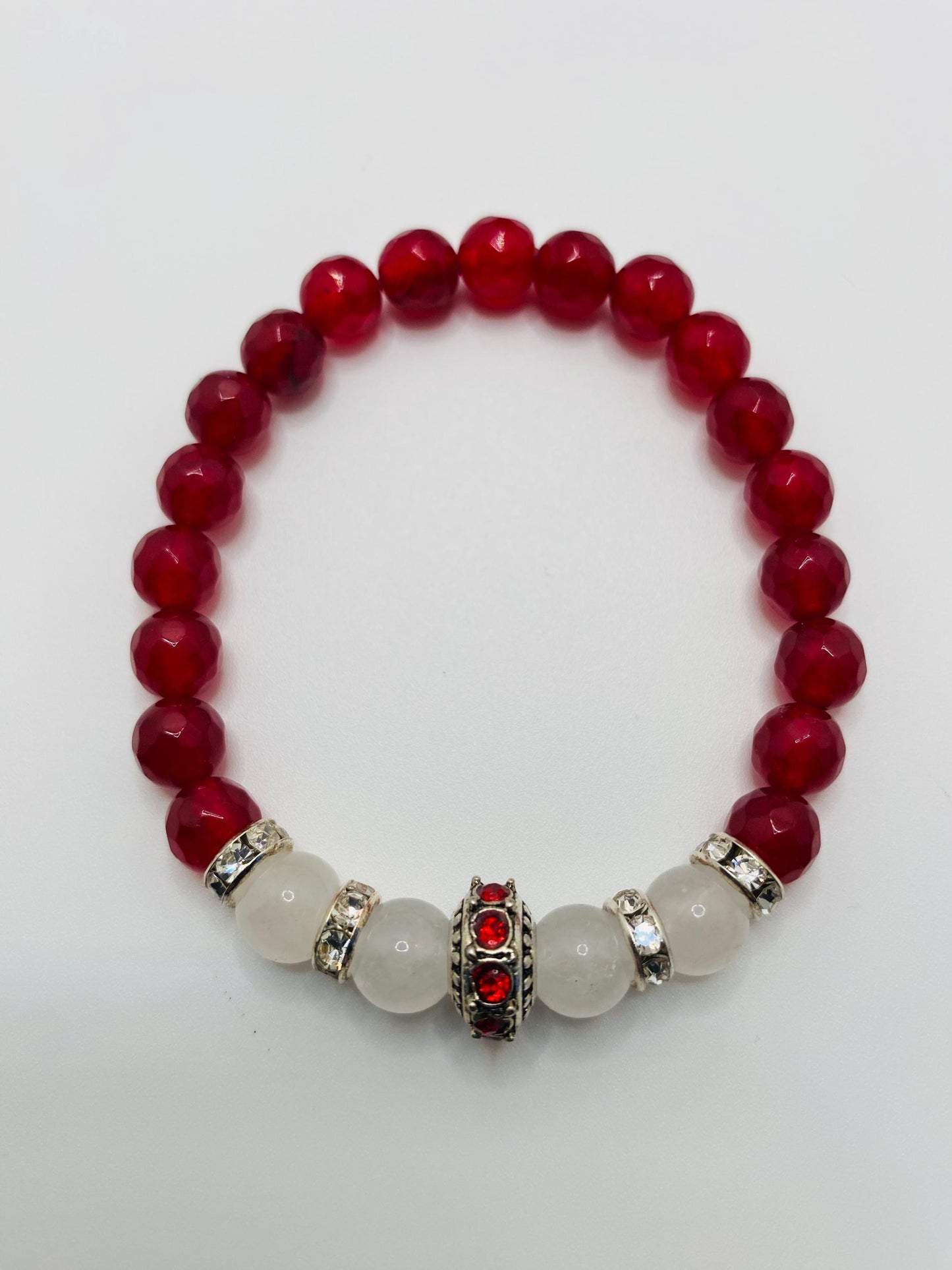 Red Agate & White Jade Charm Bracelet: Silver Rhinestone Accents