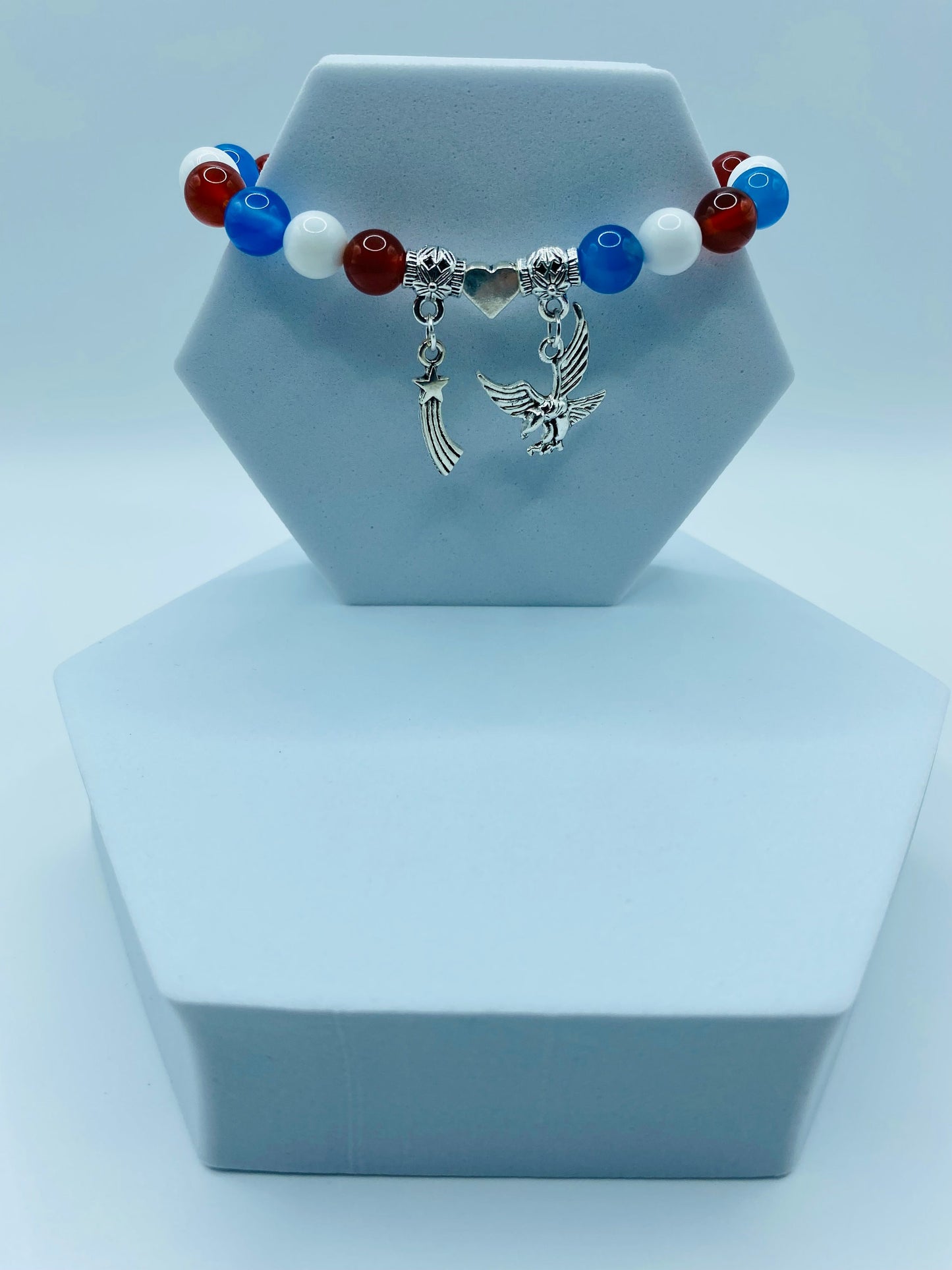 Red White Blue Gemstone Charm Bracelet: Eagle, Star, Heart