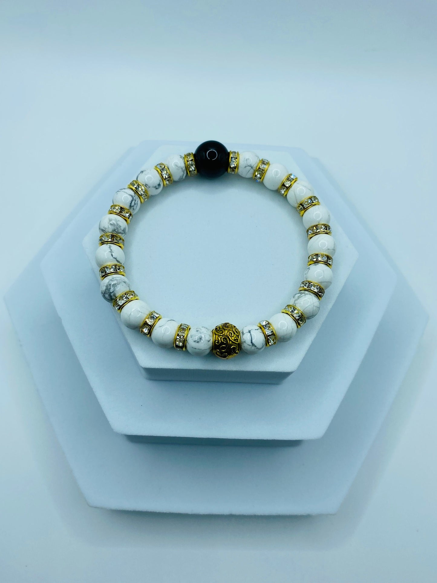 Mens Black Onyx & Howlite Gemstone Bracelet with Rhinestones