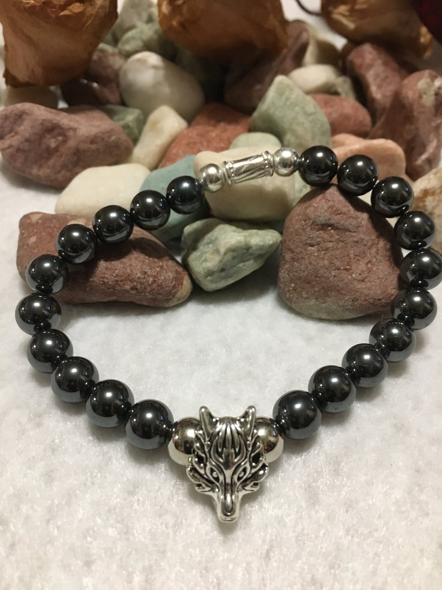 Silver Wolf Charm Bracelet with Hematite Gemstone Beads