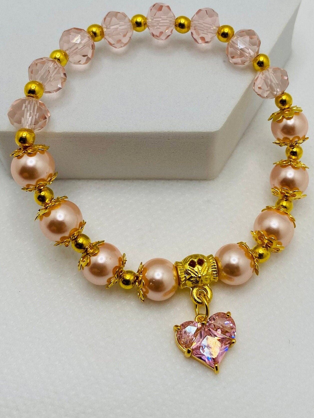 Mother of Pearl Bracelet: Pink Crystal Heart & Glass Beads, 18k Gold Accents