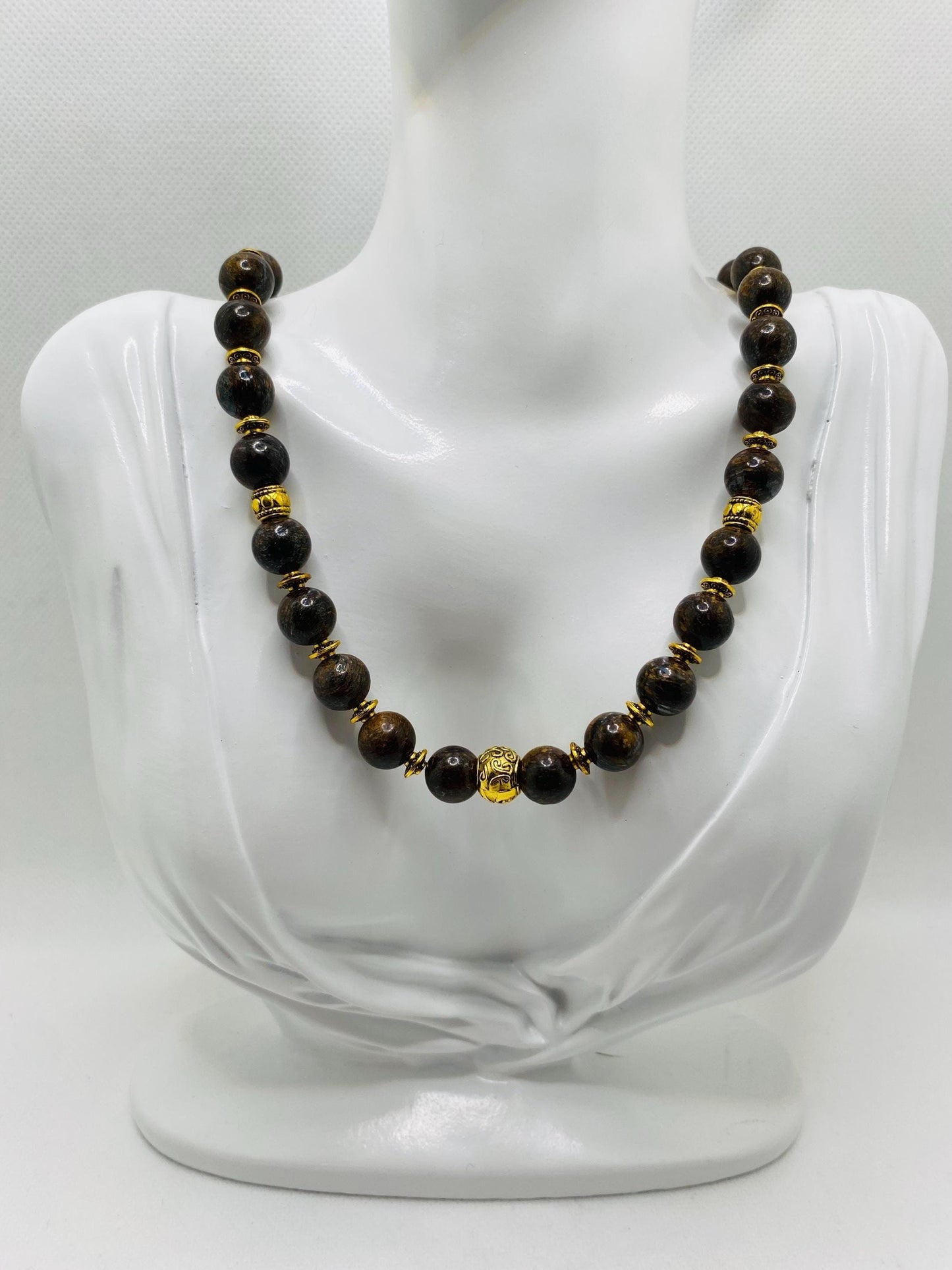 Bronzite Beaded Necklace: Unisex Gemstone Jewelry with Tibetan Spacers