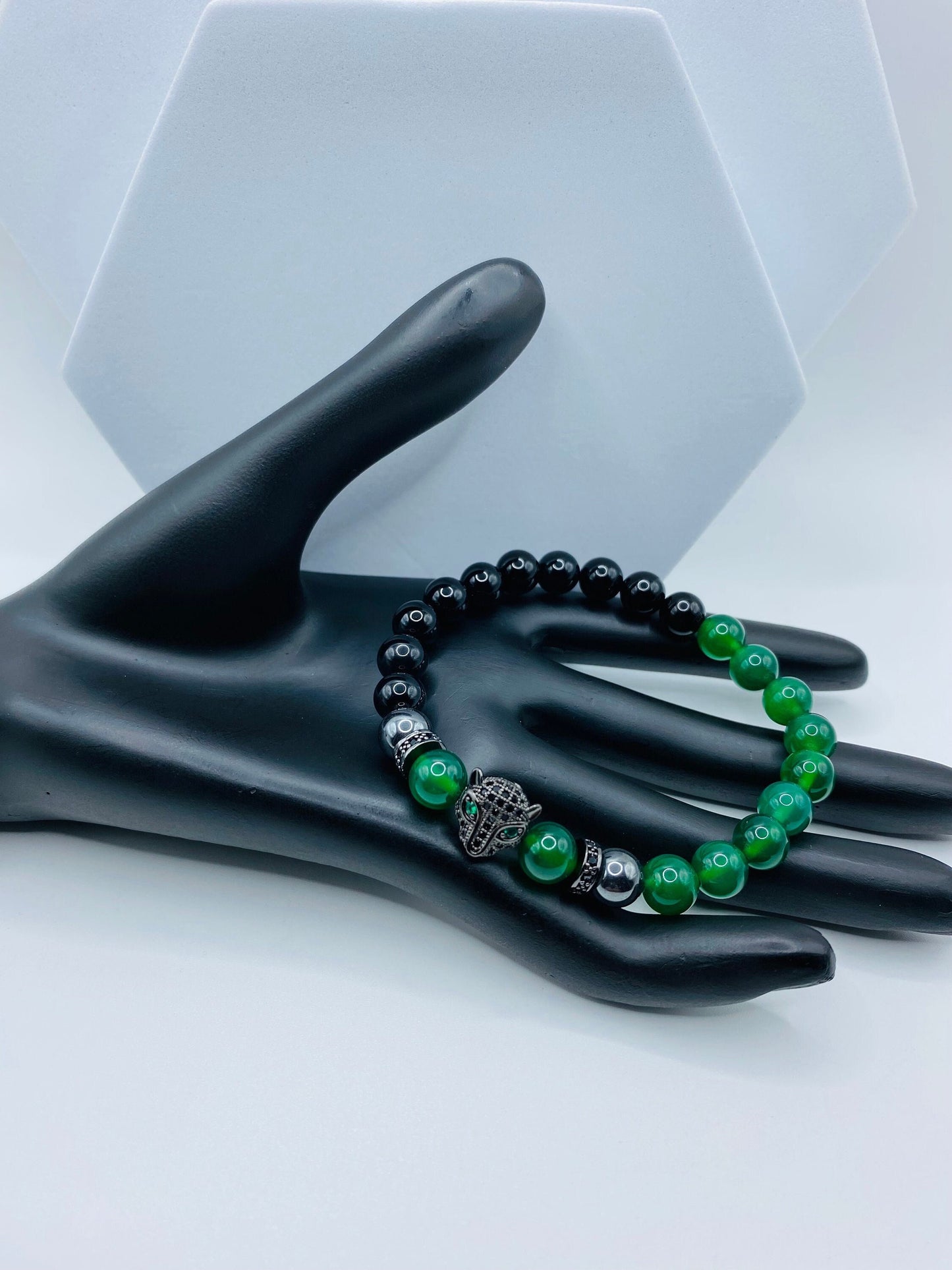 Handmade Black Panther Charm Bracelet: Onyx, Jade & Hematite Gemstone Beads