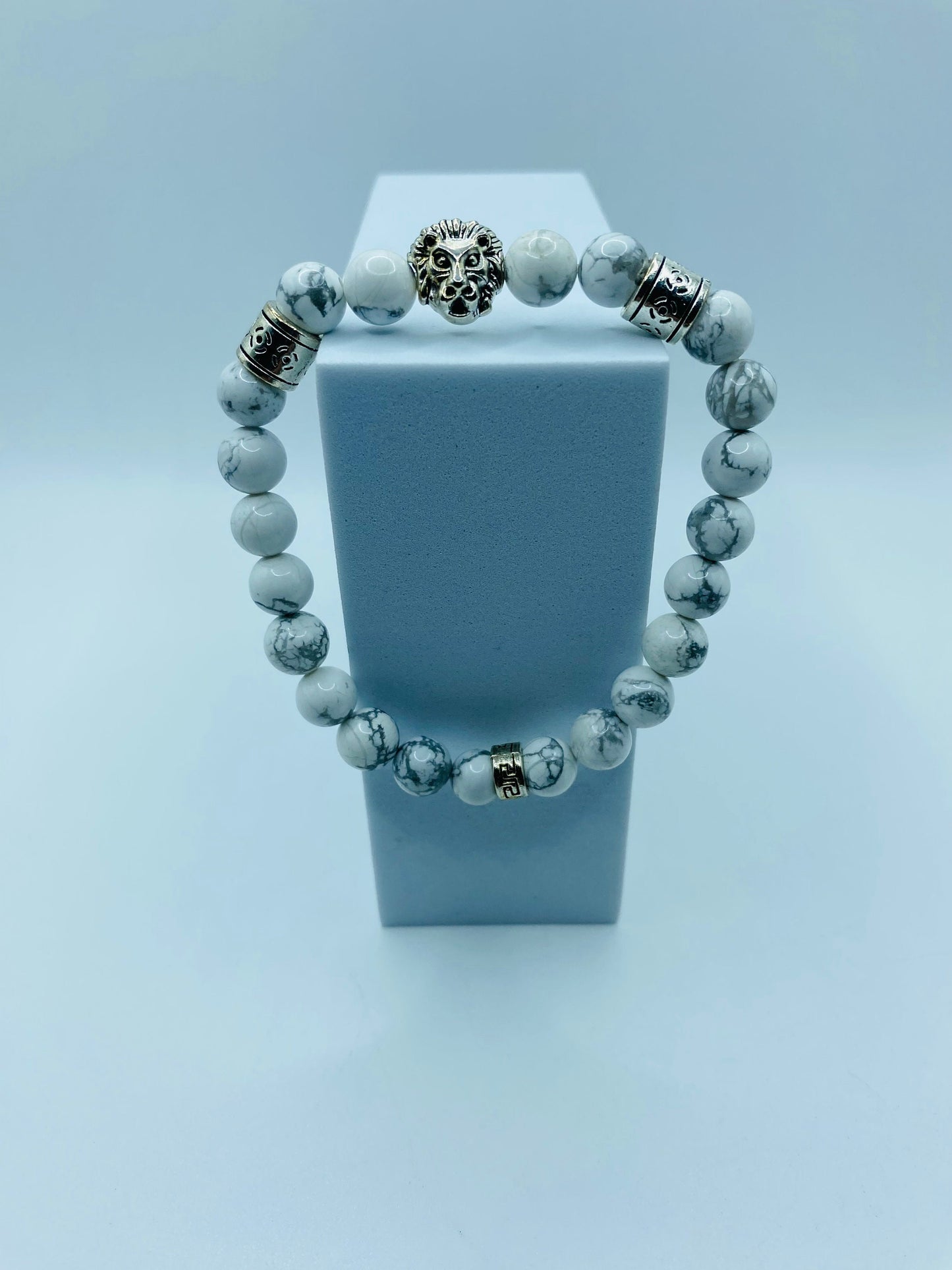 Mens Howlite Bracelet: Lion Charm, Tibetan Silver Spacers