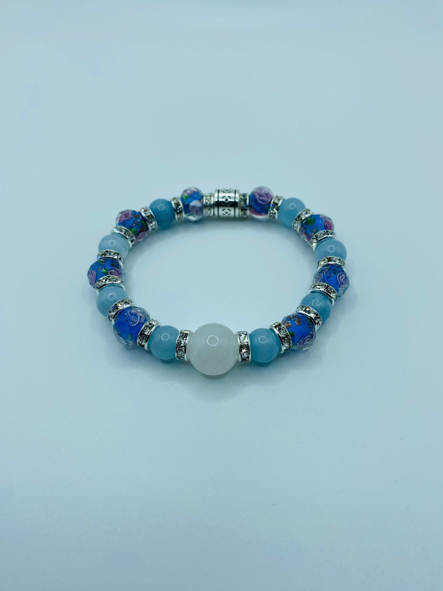 Aquamarine Bracelet: Lampwork Floral Glass Beads, Chalcedony Stone