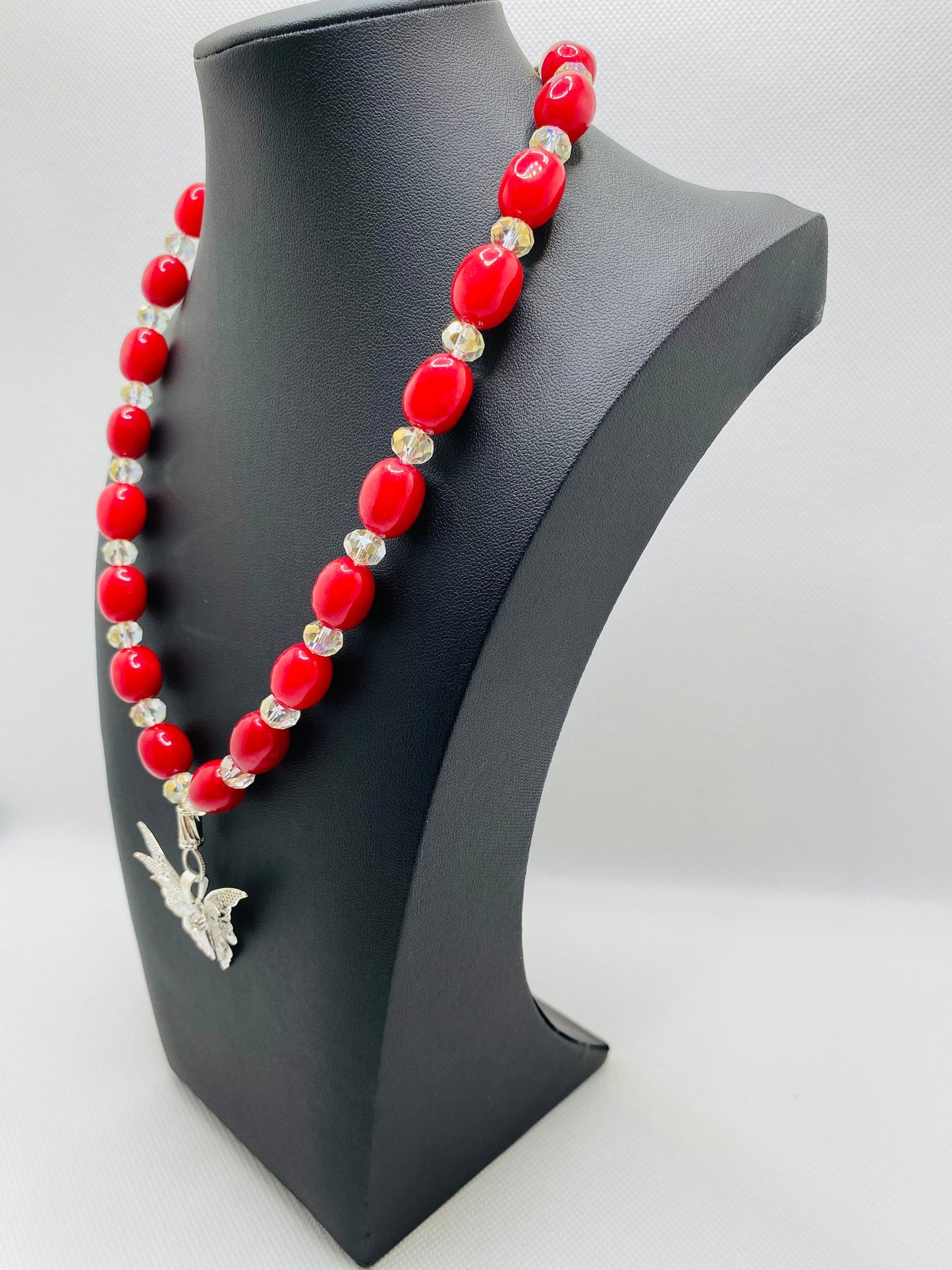 Red Jade Necklace: Silver Butterfly Pendant & Crystal Beads