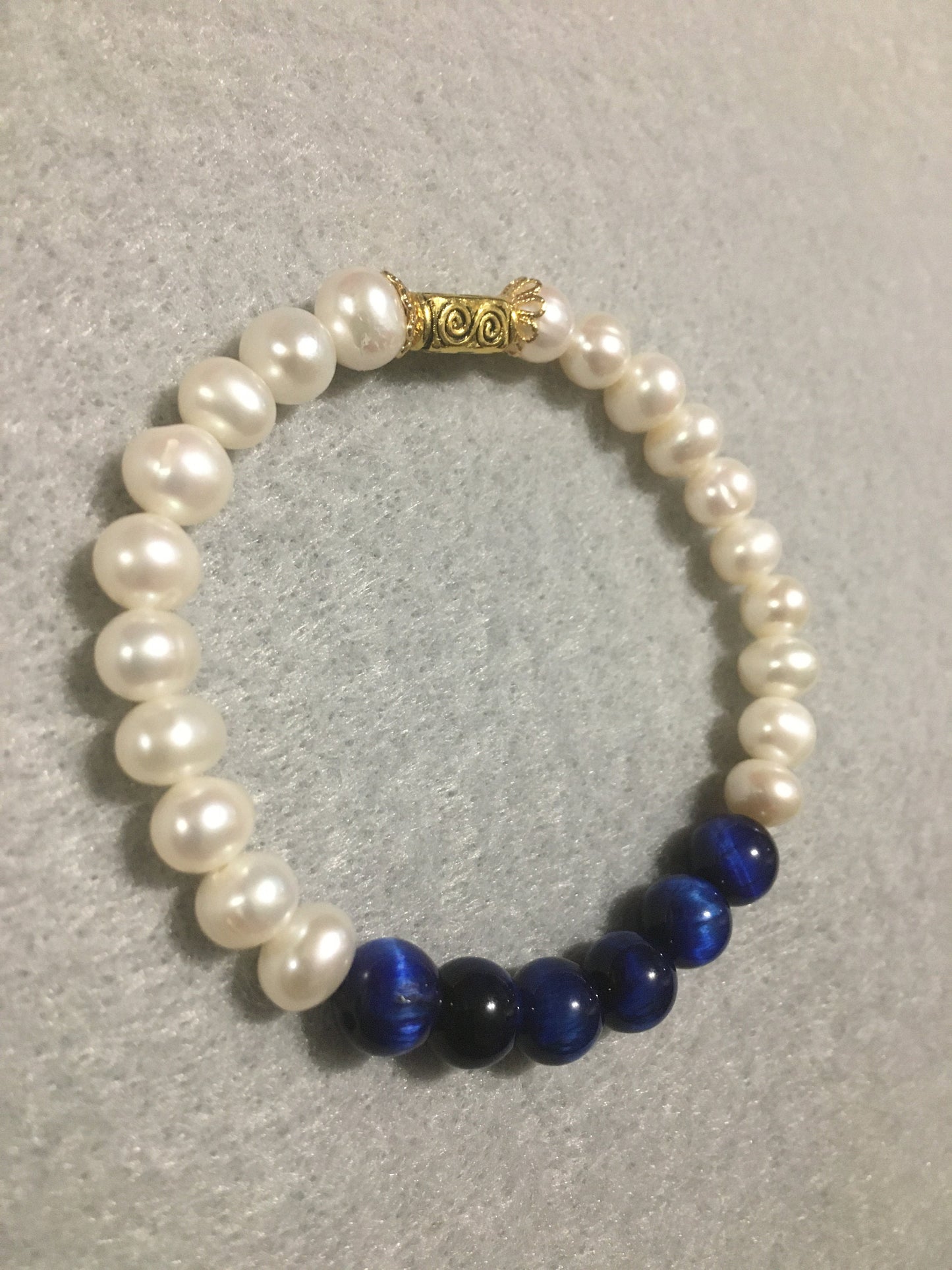 Handmade Pearl Bracelet: Blue Tiger's Eye Gemstone, 18k Gold Accents