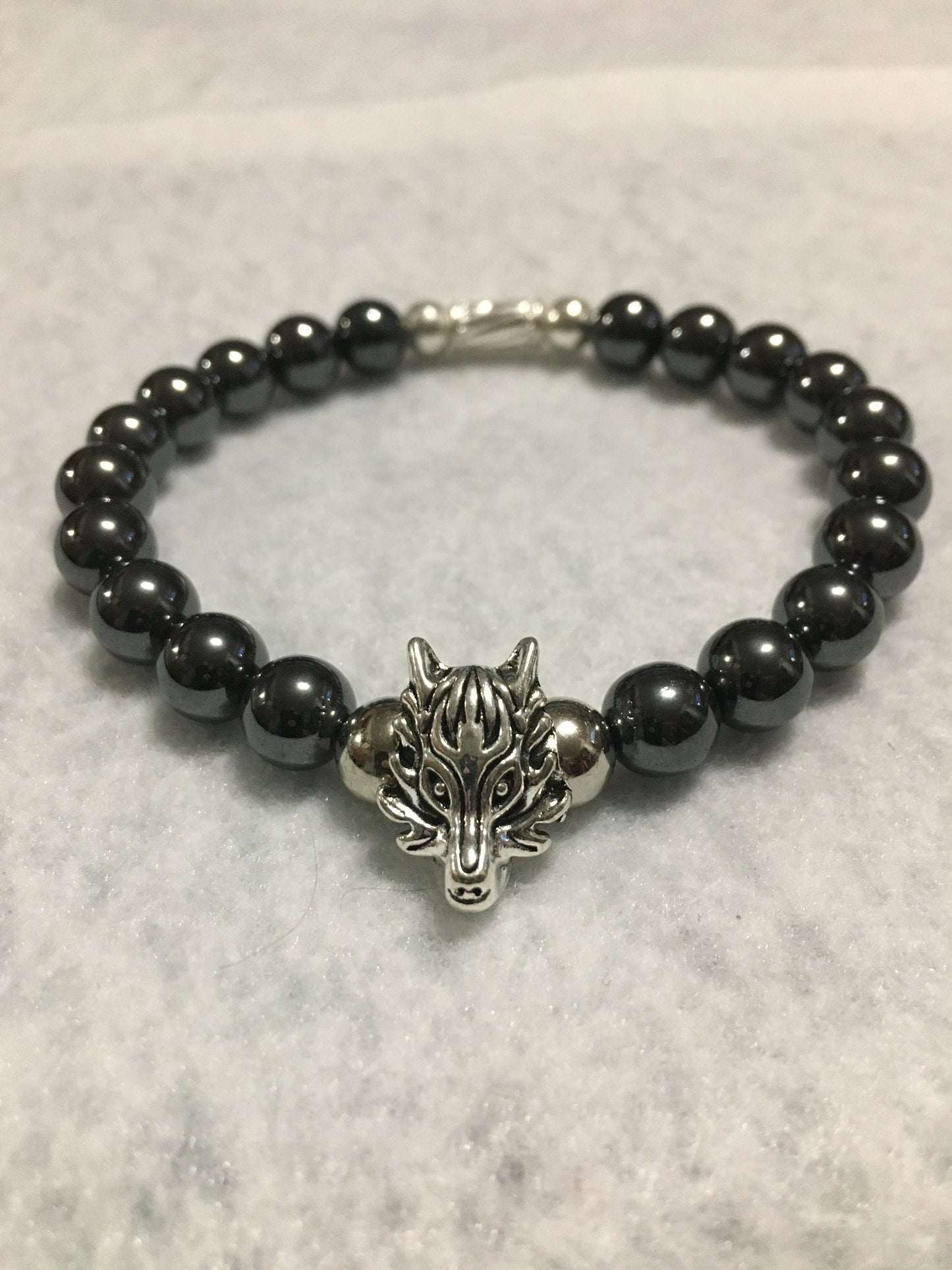 Silver Wolf Charm Bracelet with Hematite Gemstone Beads