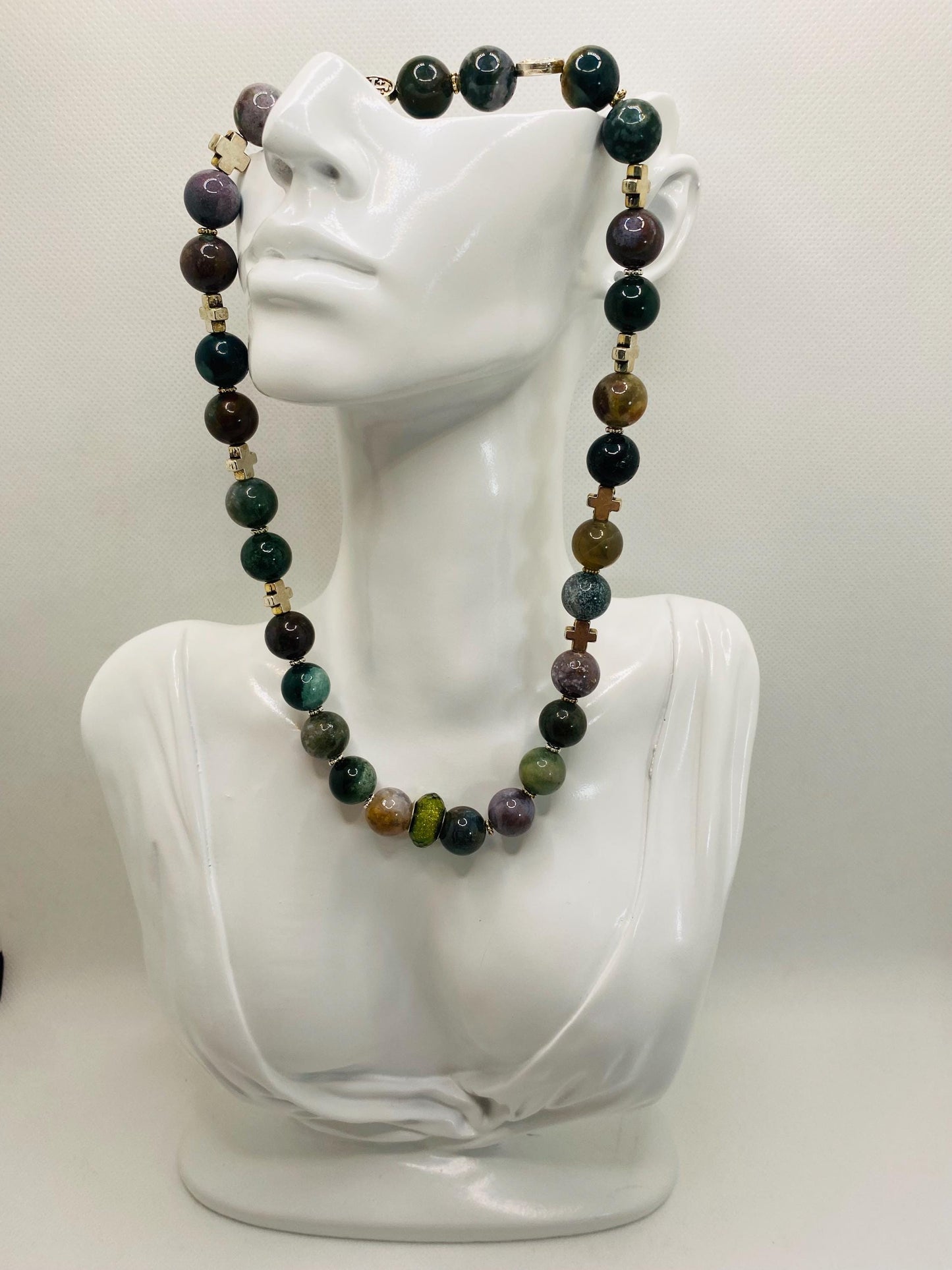 Moss Agate Necklace: Religious Cross Medallion, Antique Silver