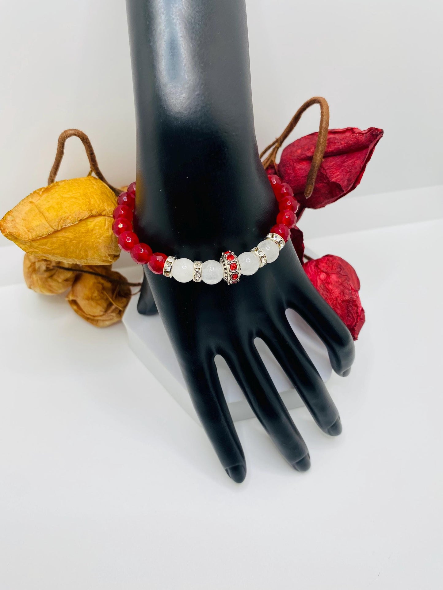Red Agate & White Jade Charm Bracelet: Silver Rhinestone Accents