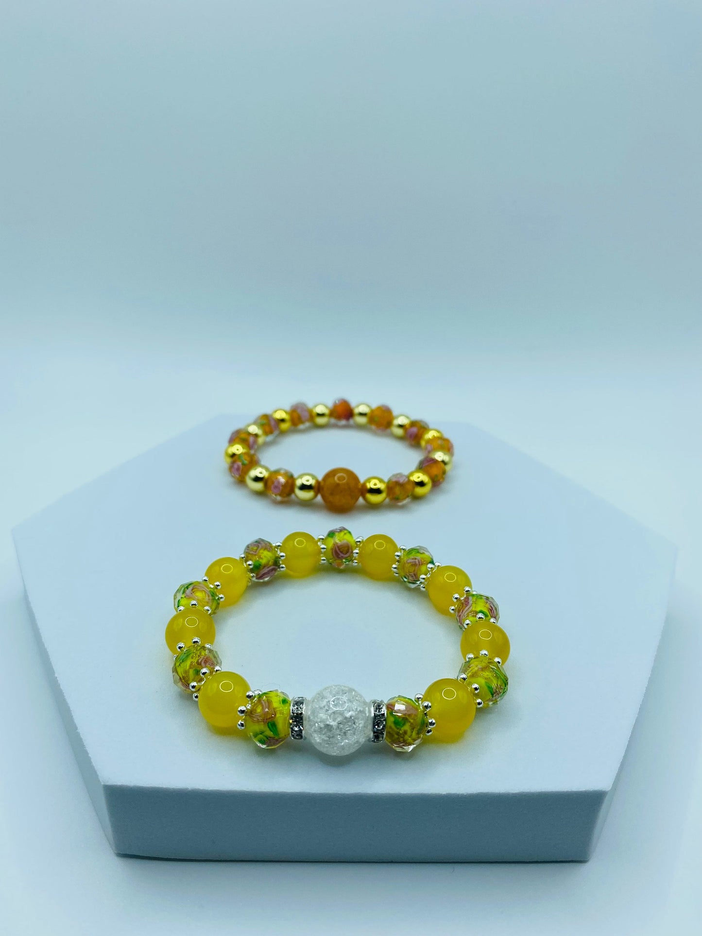Summer Jewelry for Women with Yellow Agate & Lampwork Glass Beads, Quartz Crystal Bracelet