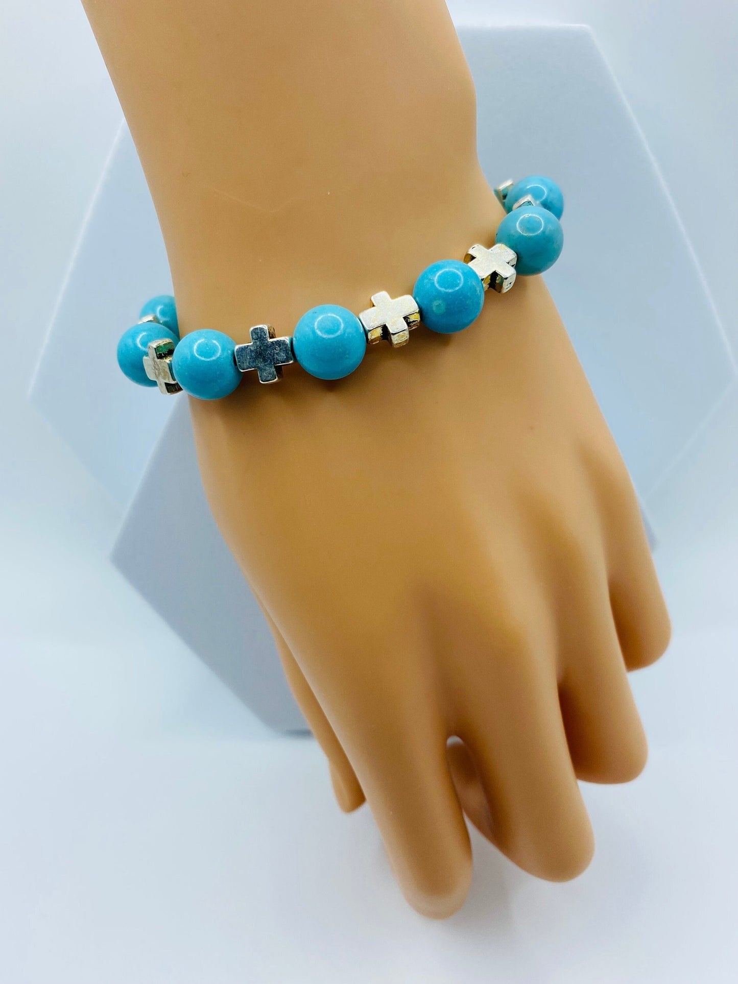 Turquoise Cross Bracelet: Religious Silver Charm Jewelry
