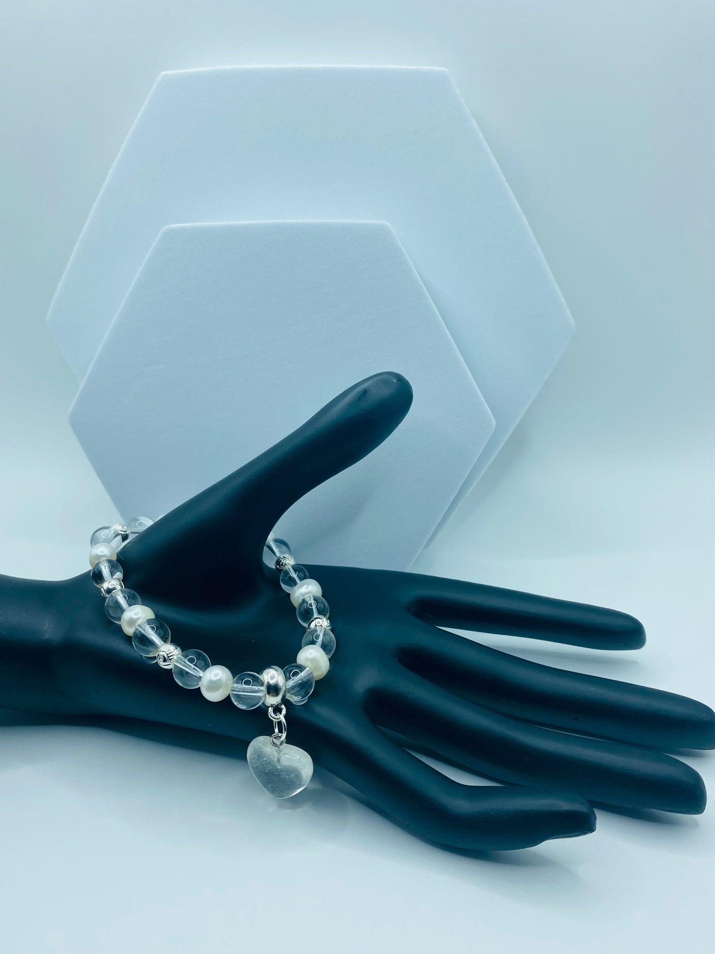 Clear Quartz Crystal Bracelet: Baroque Pearls & Heart Charm