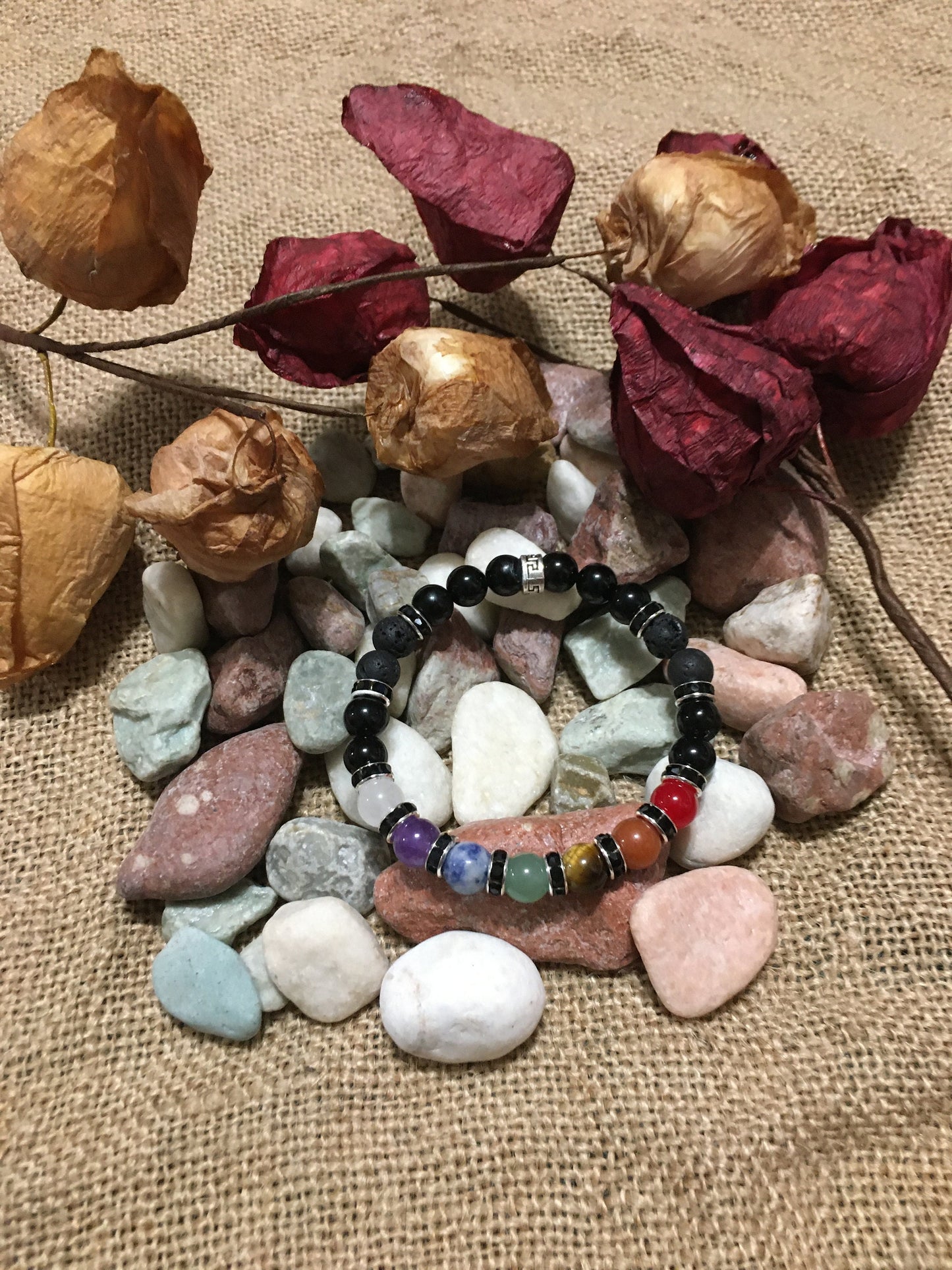 Chakra Bracelet Set: Onyx, Lava Rock, and Gemstone Healing Beads