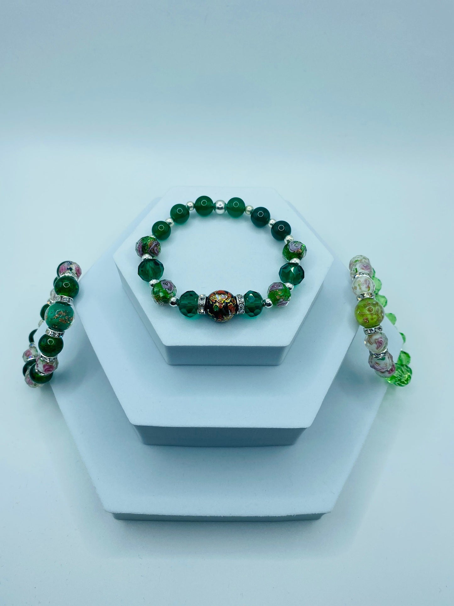 Jade Bracelet: Lampwork Floral Glass Beads & Hematite Gemstones