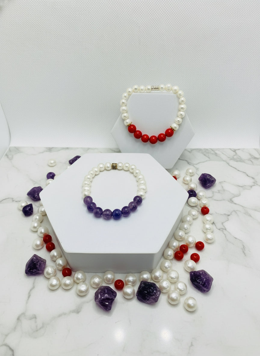Amethyst, Coral & Pearl Bracelet Set: Handmade Gemstone Jewelry
