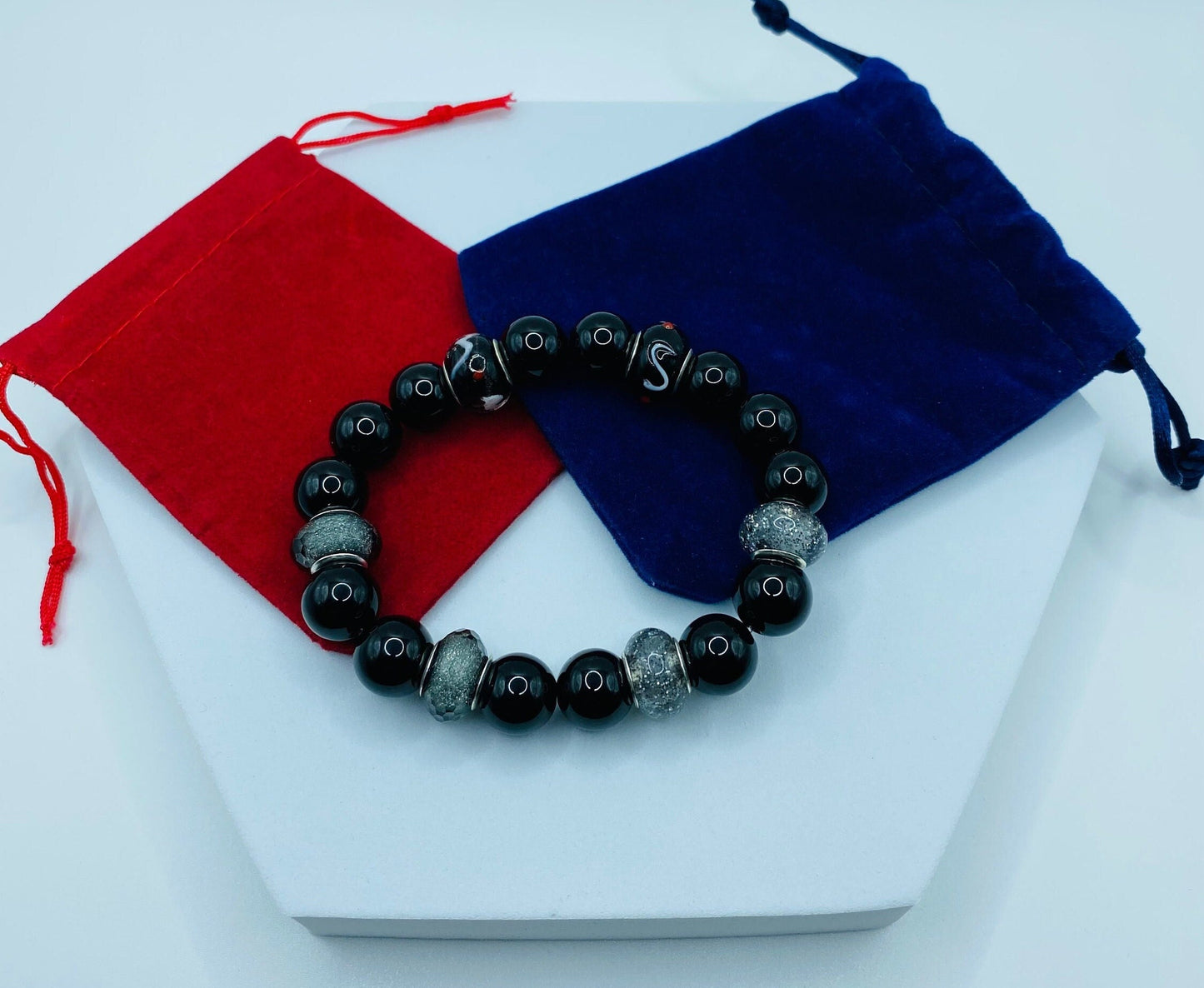 Black Onyx Bracelet: Murano Glass Beads, Chunky Gemstone Jewelry