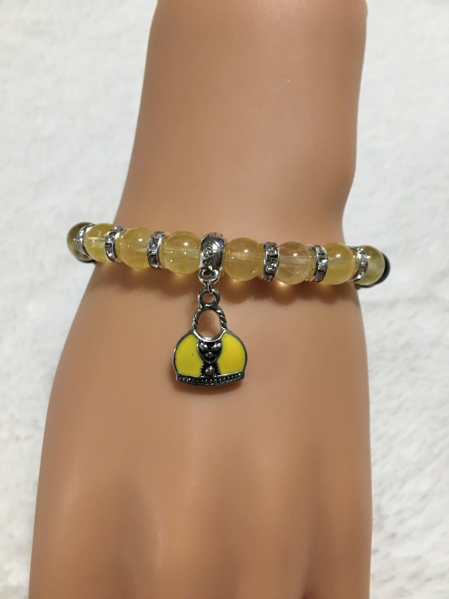Citrine & Black Onyx Bracelet: Silver Purse Charm, Rhinestone Accents