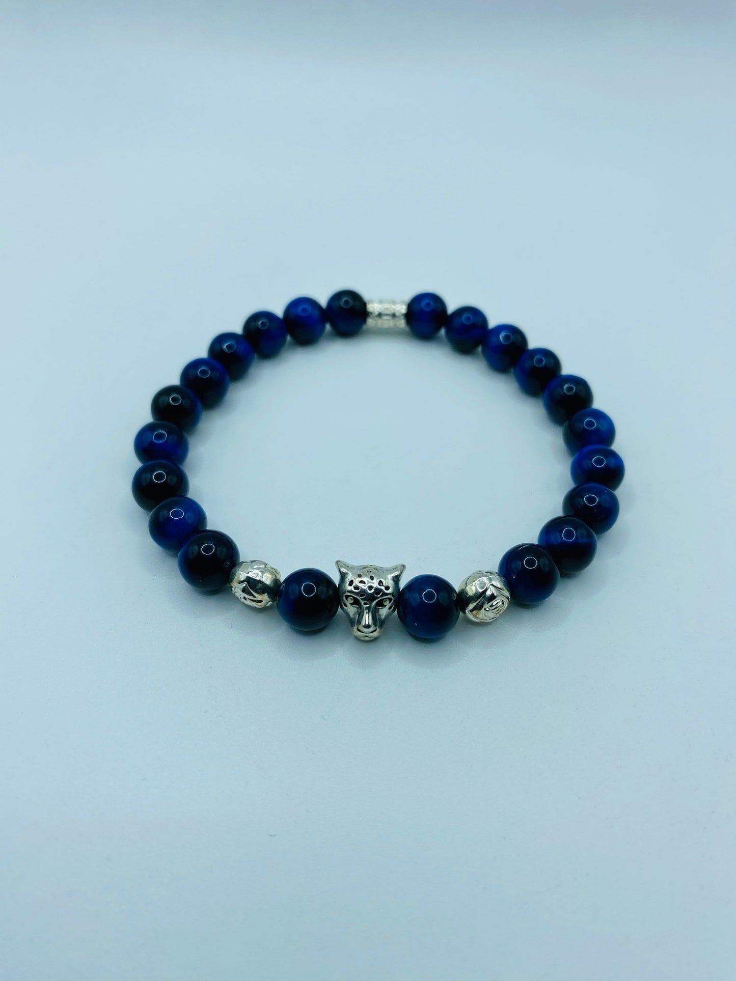 Blue Tiger's Eye Bracelet: Leopard Charm, Silver Beads
