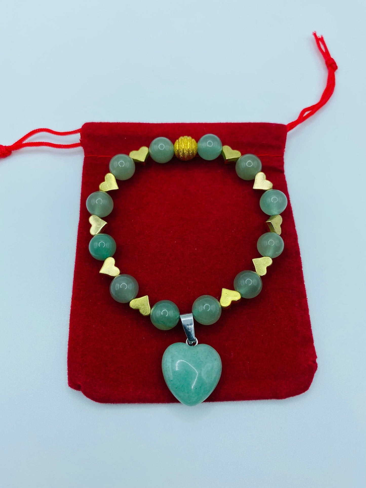 Handmade Green Aventurine Heart Bracelet: 18K Gold Plated Charms