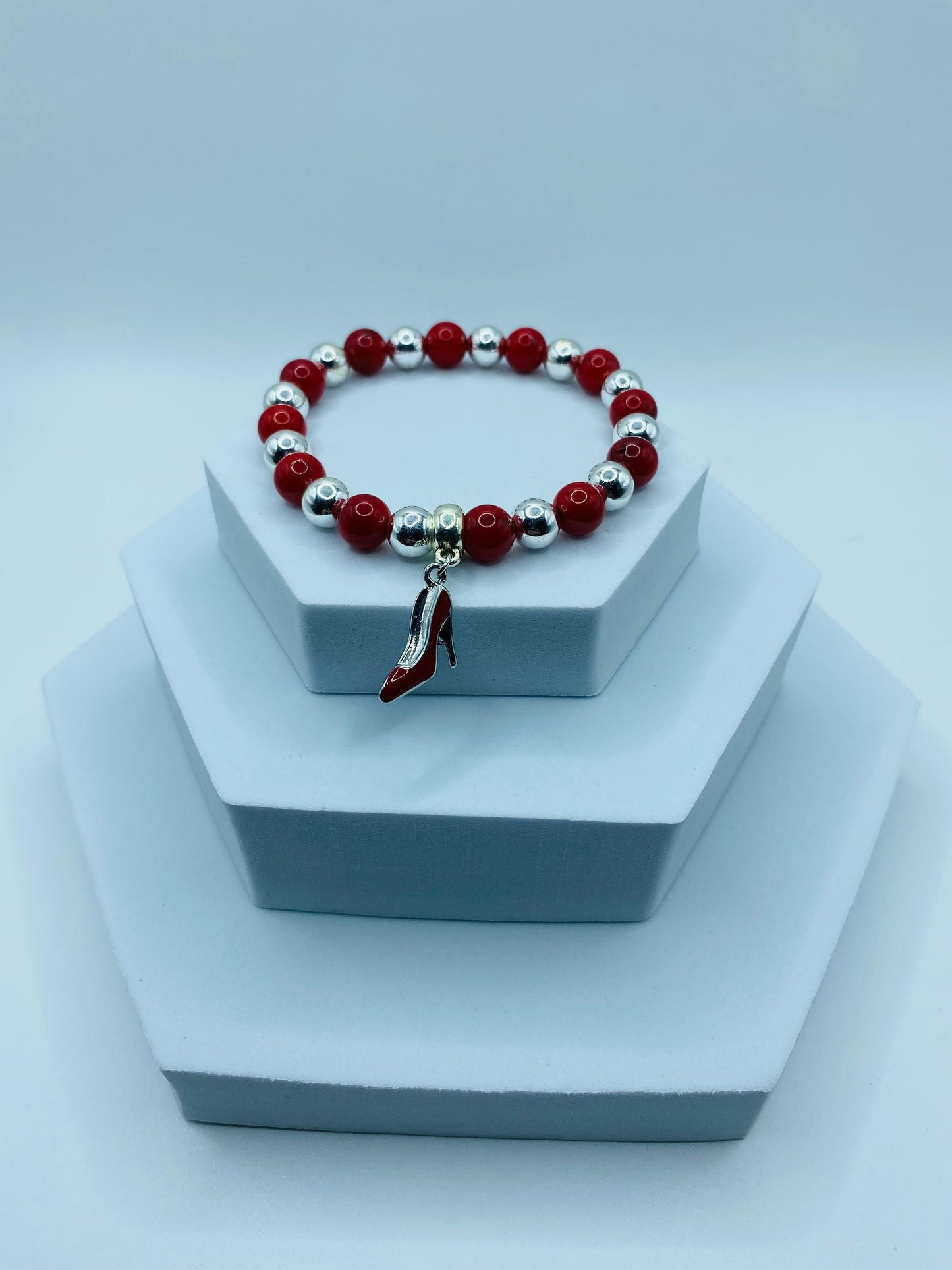 Red Coral Shoe Charm Bracelet: Silver Hematite Gemstone Beads
