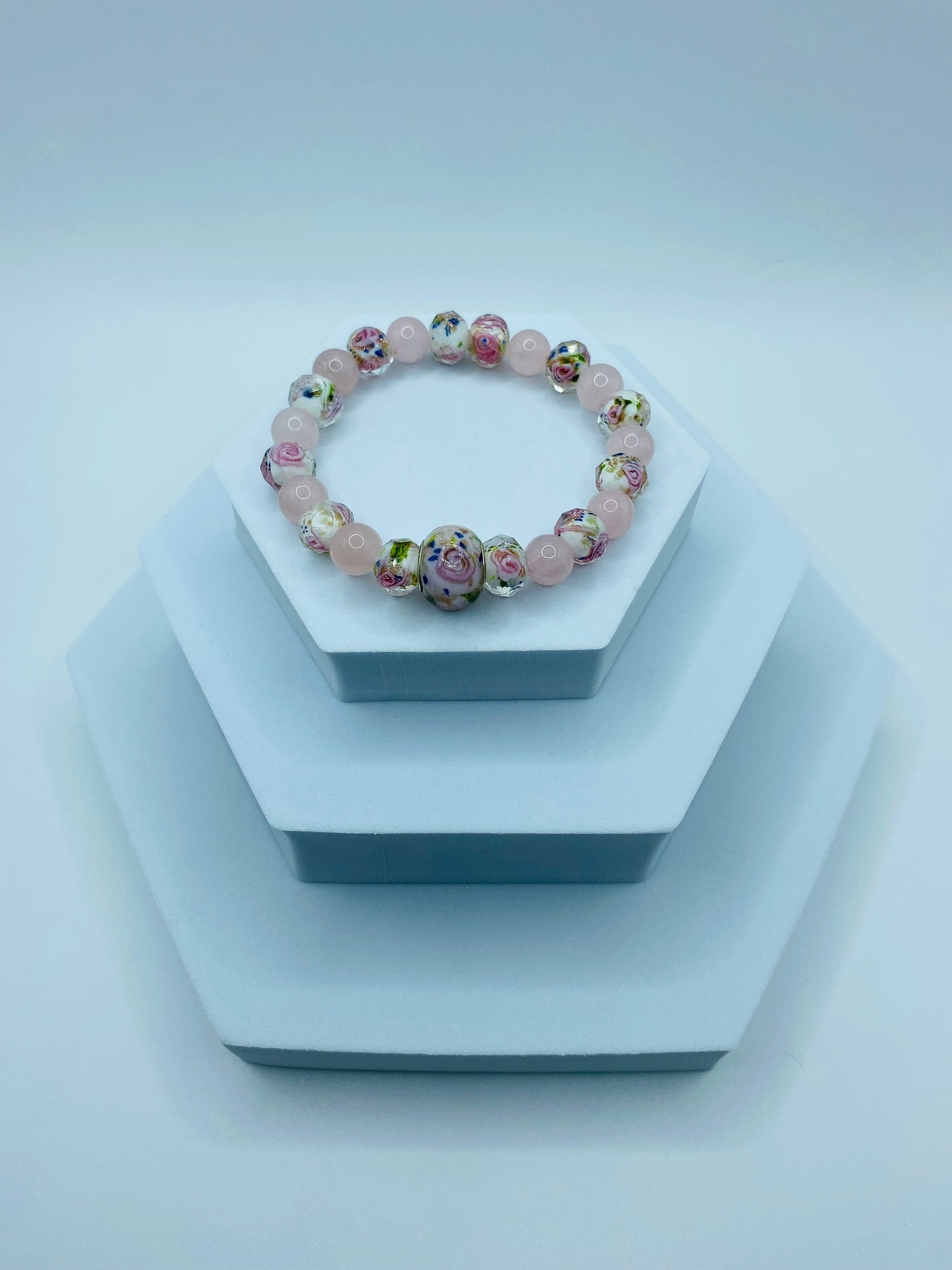 Rose Quartz Bracelet with Lampwork Floral Glass Beads
