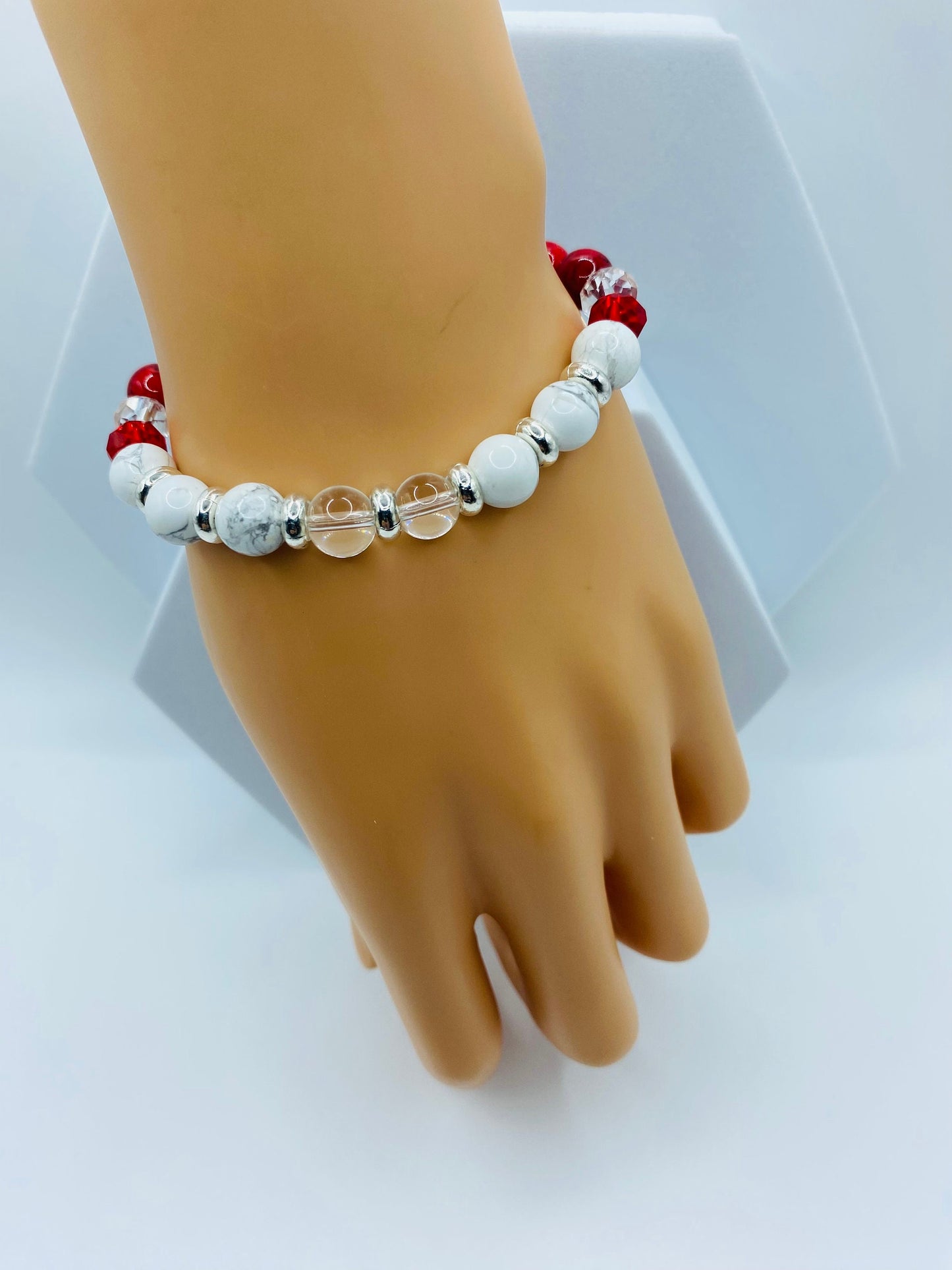 Red Turquoise & Howlite Gemstone Bracelet: Crystal Quartz Beaded Jewelry