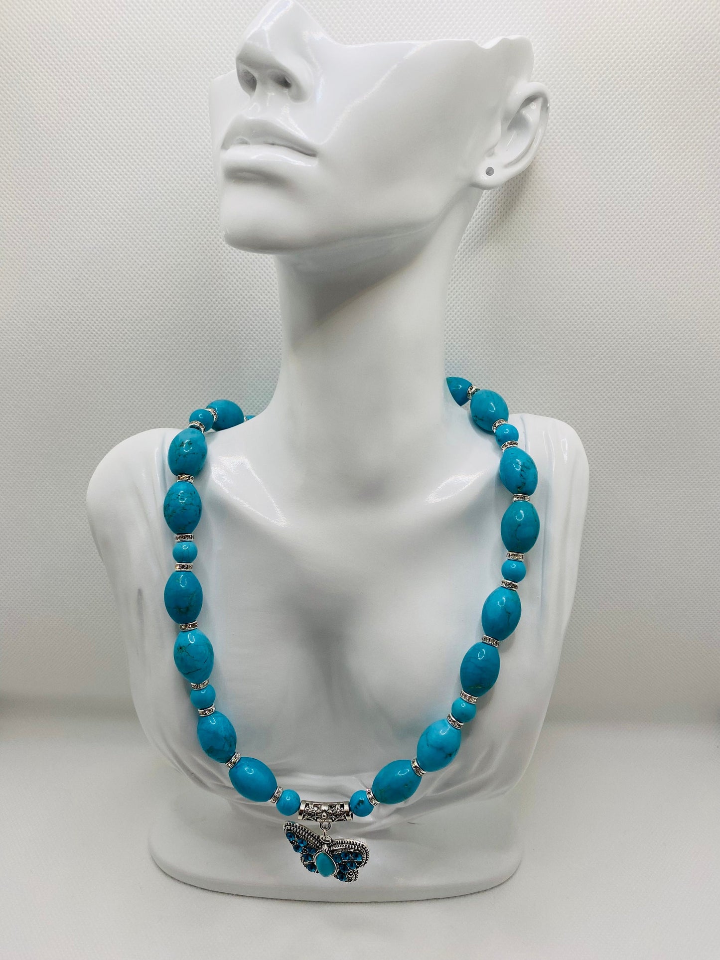 Turquoise Necklace: Butterfly Pendant, Rhinestone Accents