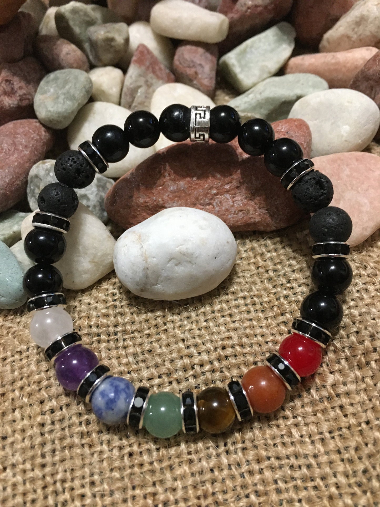 Chakra Bracelet Set: Onyx, Lava Rock, and Gemstone Healing Beads