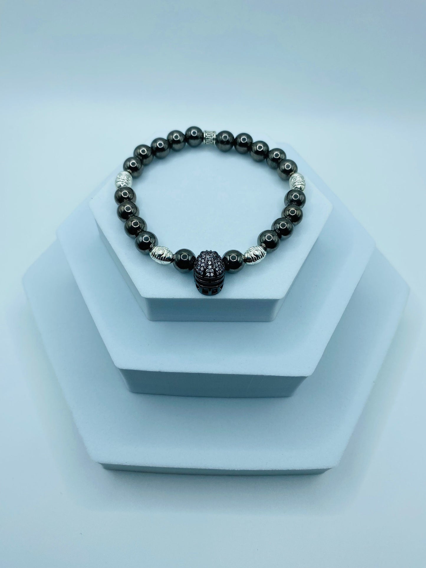 Las Vegas Raiders Mens Bracelet - Hematite Gemstone Beads & Football Helmet - Bracelets for Women