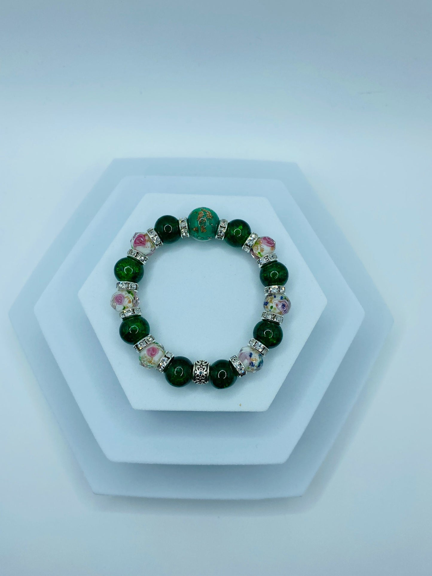 Lampwork Flower Bead Bracelet: Green Crystal, Rhinestone Accent