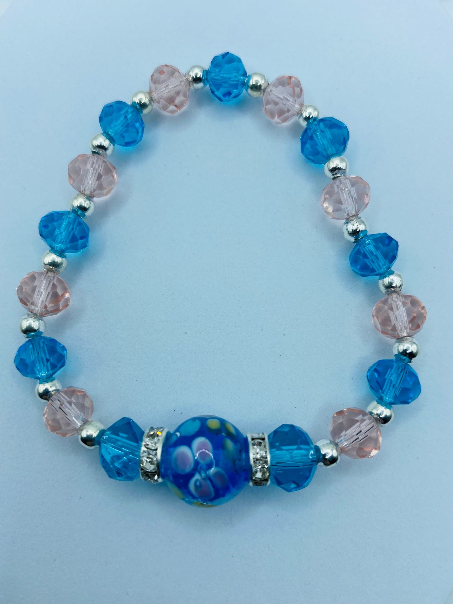 Floral Lampwork Glass Bead Bracelet: Pink & Blue Crystal