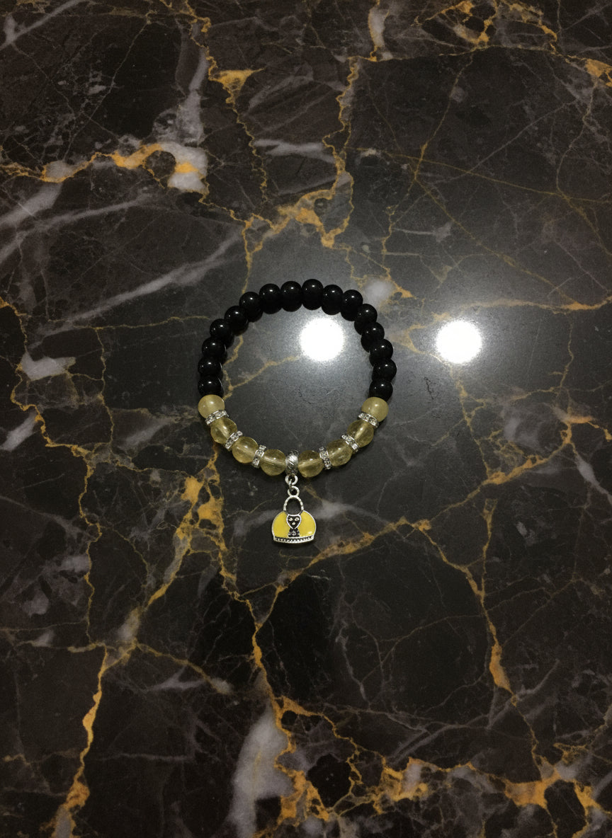 Citrine & Black Onyx Bracelet: Silver Purse Charm, Rhinestone Accents
