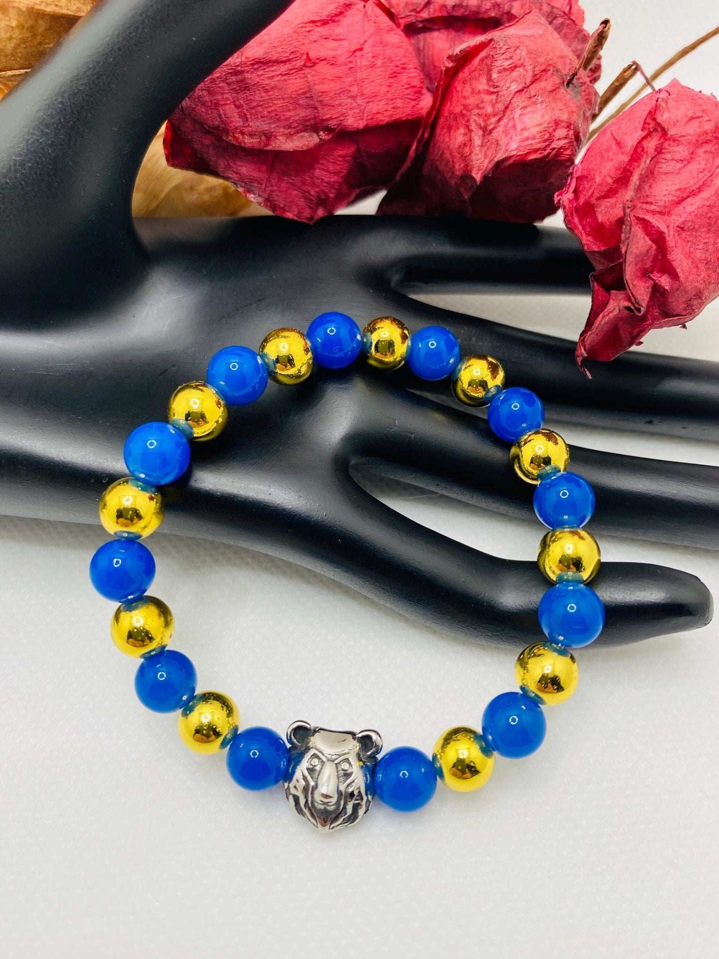 UCLA Bruins Bracelet: Blue Agate, Gold Hematite, Bear Charm