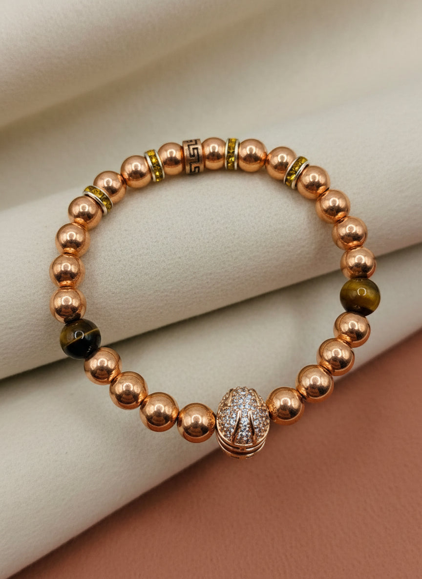 Rose Gold Hematite Bracelet: Spartan Helmet, Tiger's Eye Beads