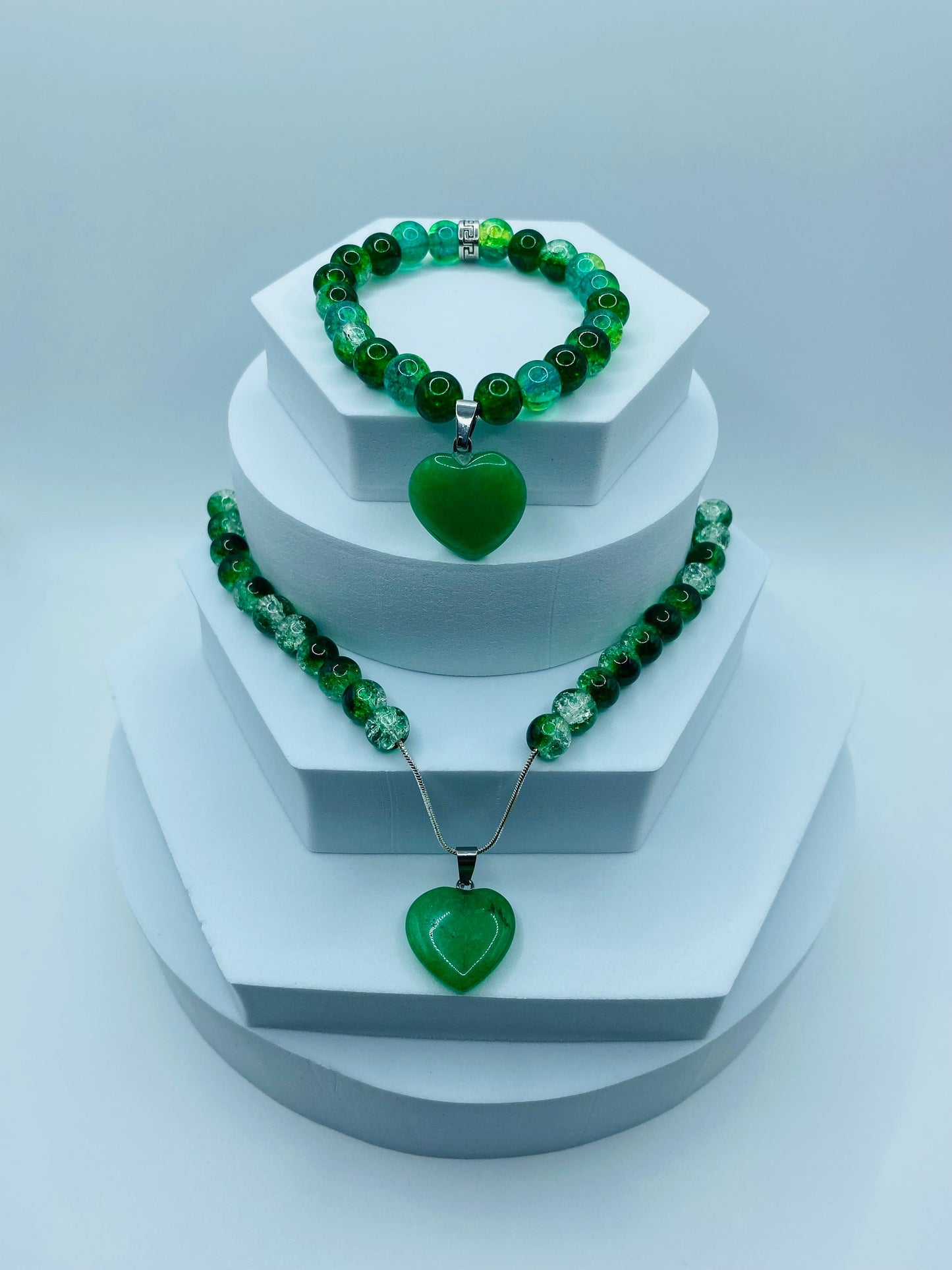 Handmade Jade Heart Necklace Bracelet Set: Green Glass Bead Jewelry