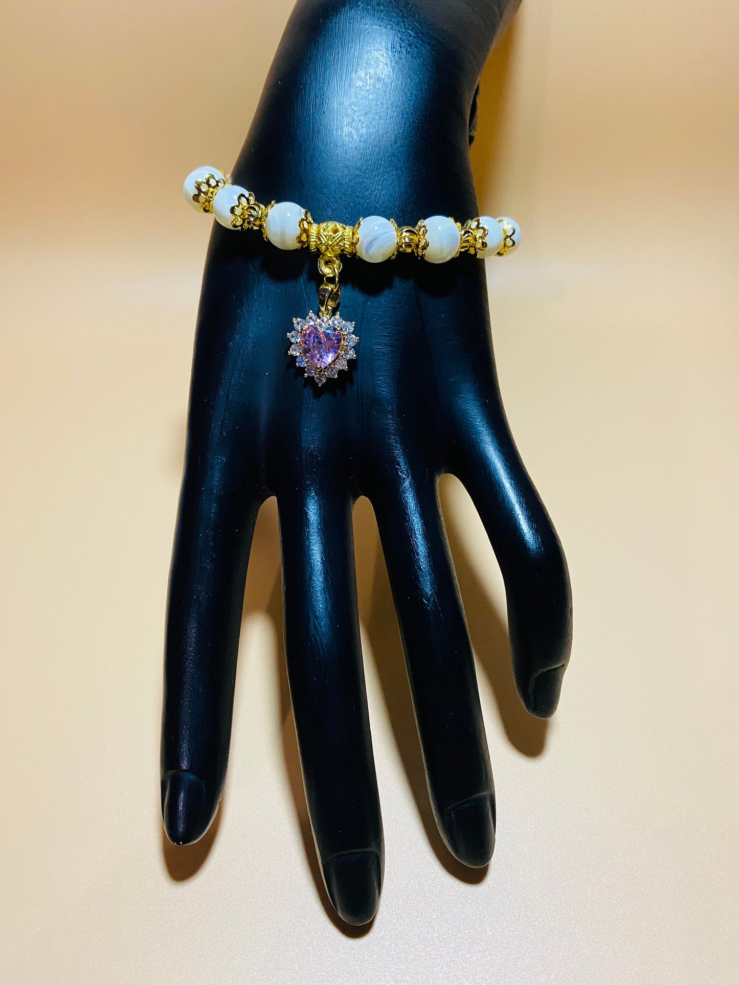 Mother of Pearl Bracelet: Pink Crystal Beads, Heart Charm, 18k Gold Accents