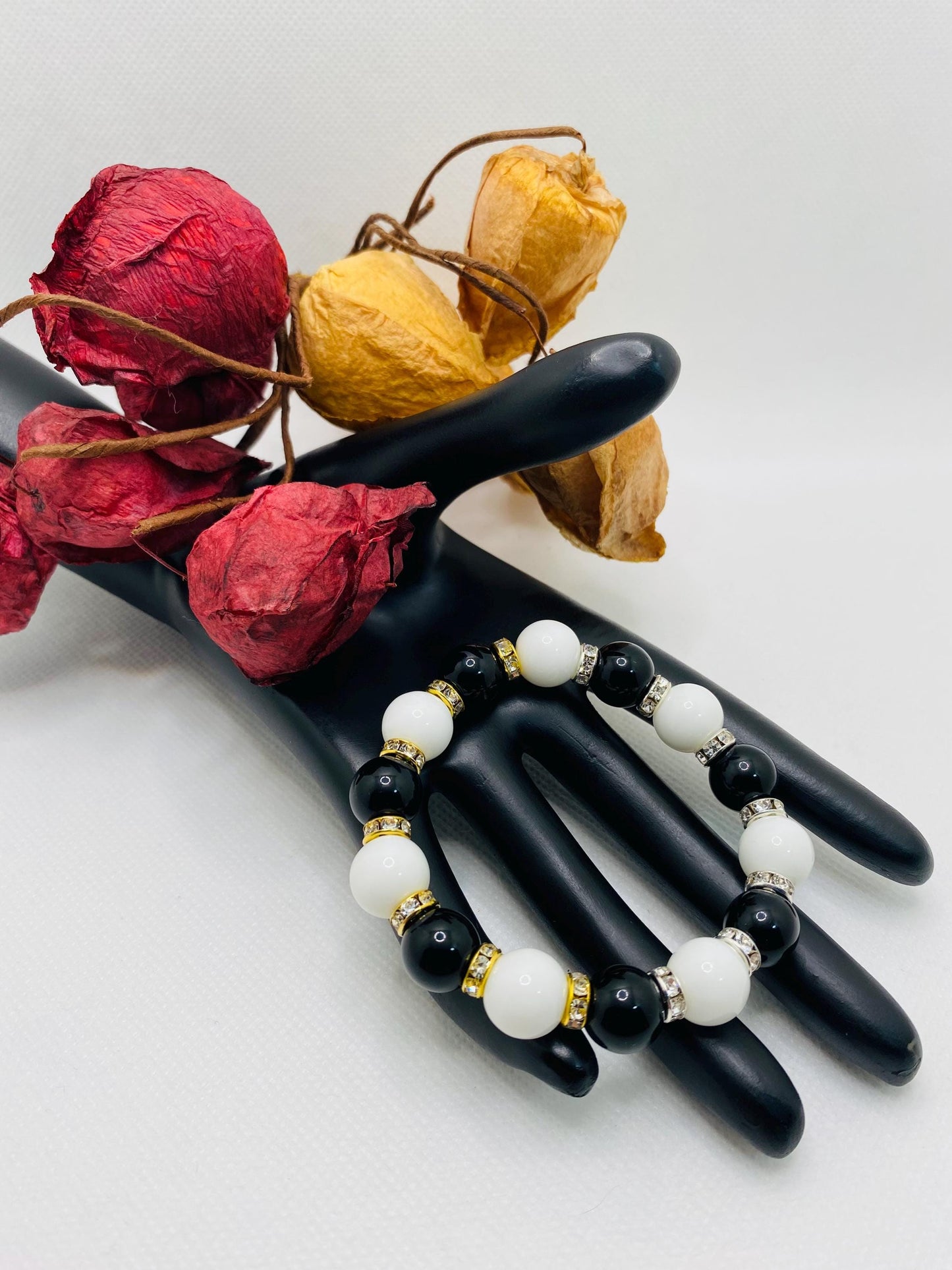 Onyx Gemstone Beaded Bracelet: Black & White Handmade Jewelry