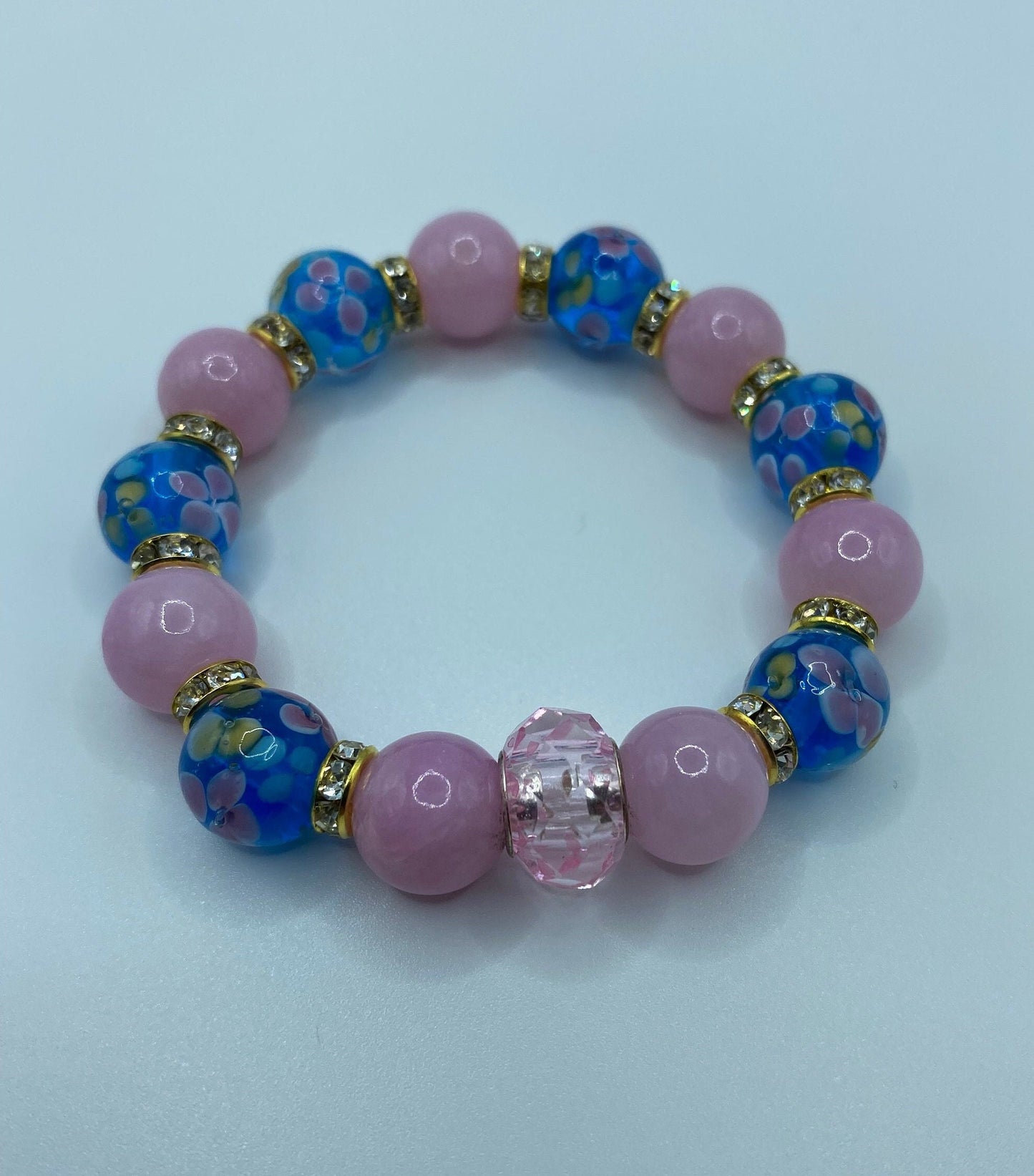 Lavender Jade Bracelet: Blue Floral Lampwork Glass & Crystal