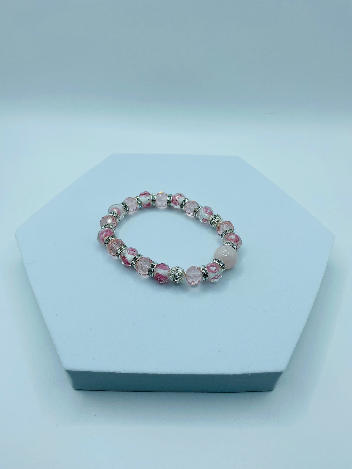Lampwork Beads Flower Girl Bracelet - Rose Quartz Crystal Bracelets for Women - Pink Glass Beads