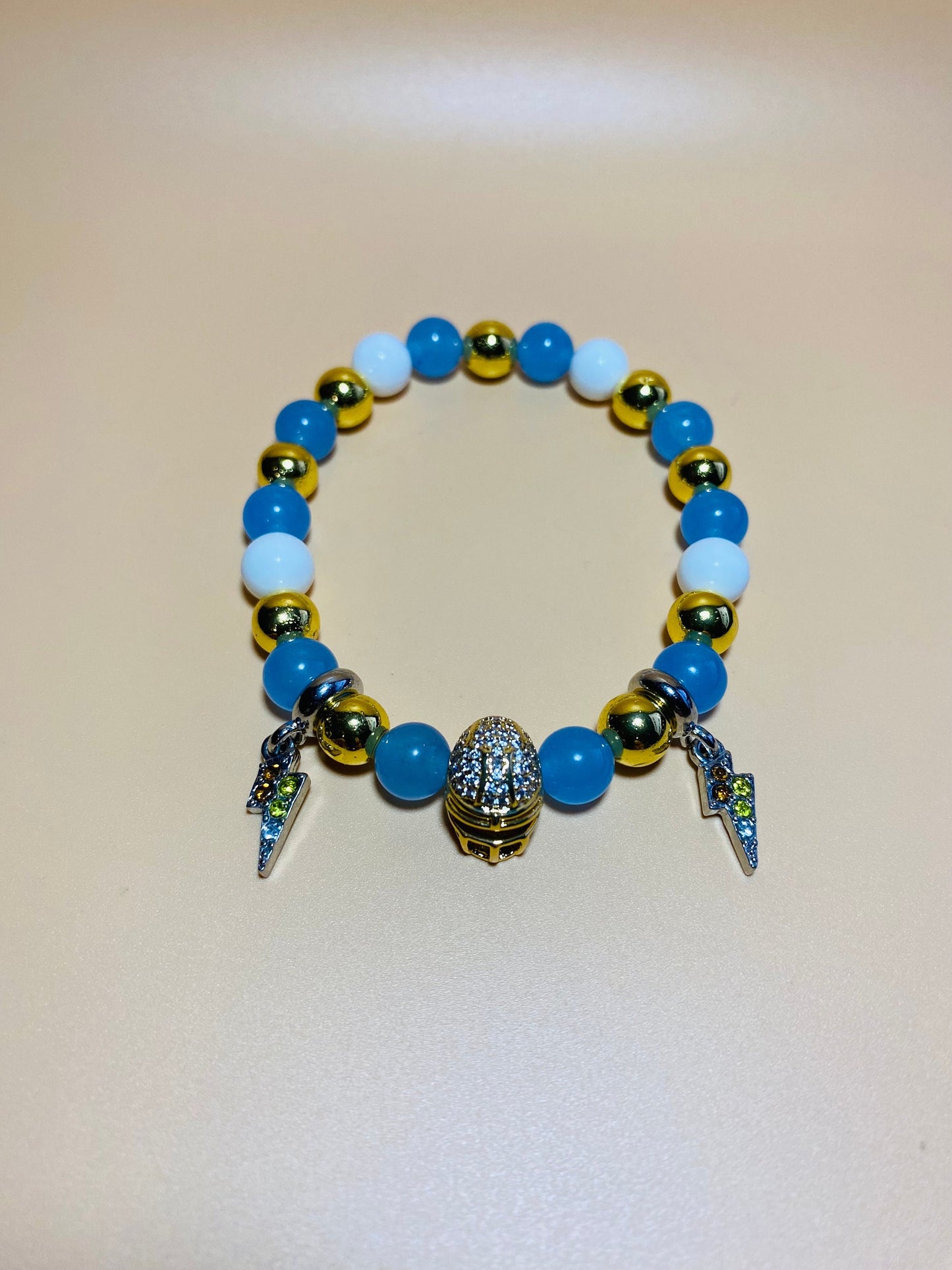 Los Angeles Chargers Mens Bracelet, Lightning Bolt Charms & Golden Football Helmet - Natural Gemstone Beads