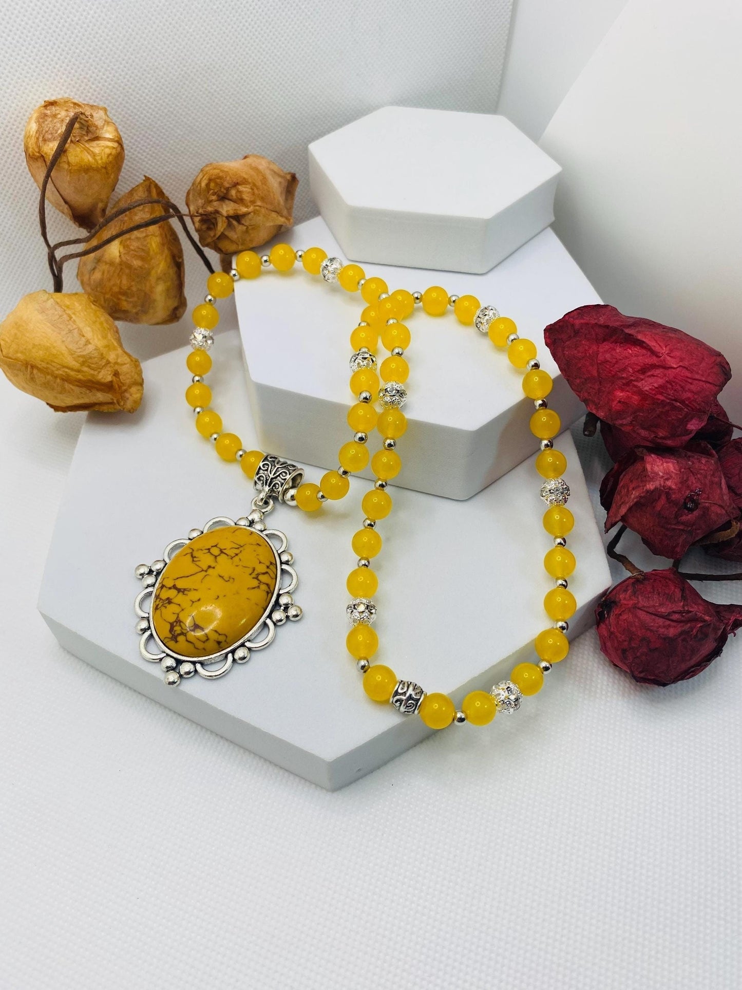 Jade Necklace for Women with Silver Hematite Gemstone Beads & Turquoise Pendant, Gifts for Her