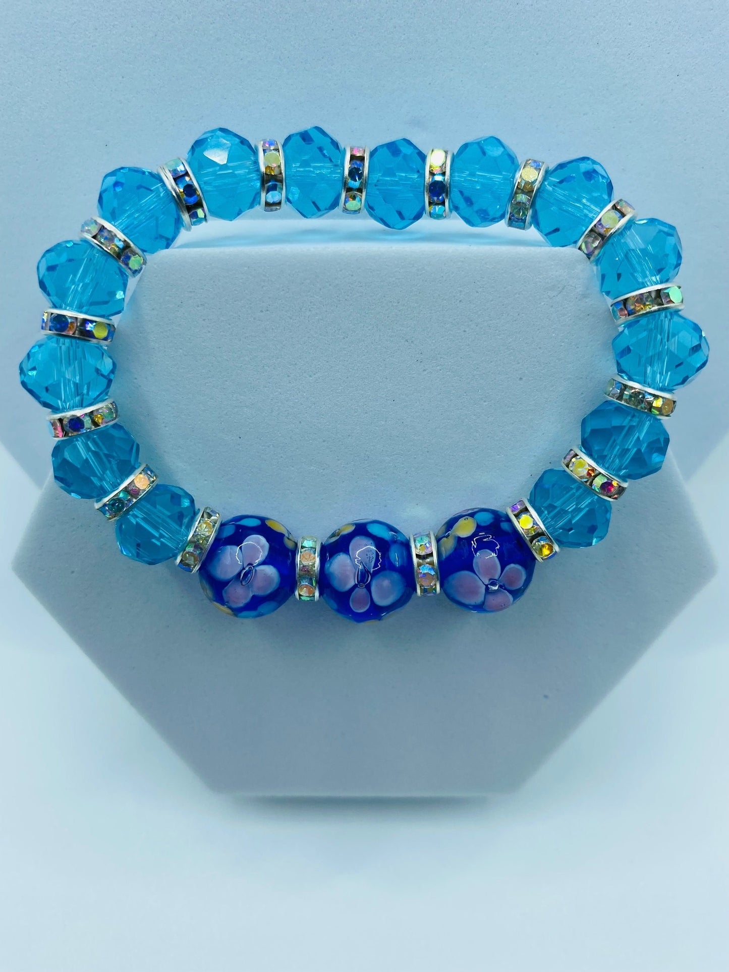 Blue Topaz Crystal Bracelet: Lampwork Floral Glass Beads, Rhinestone Rondelles