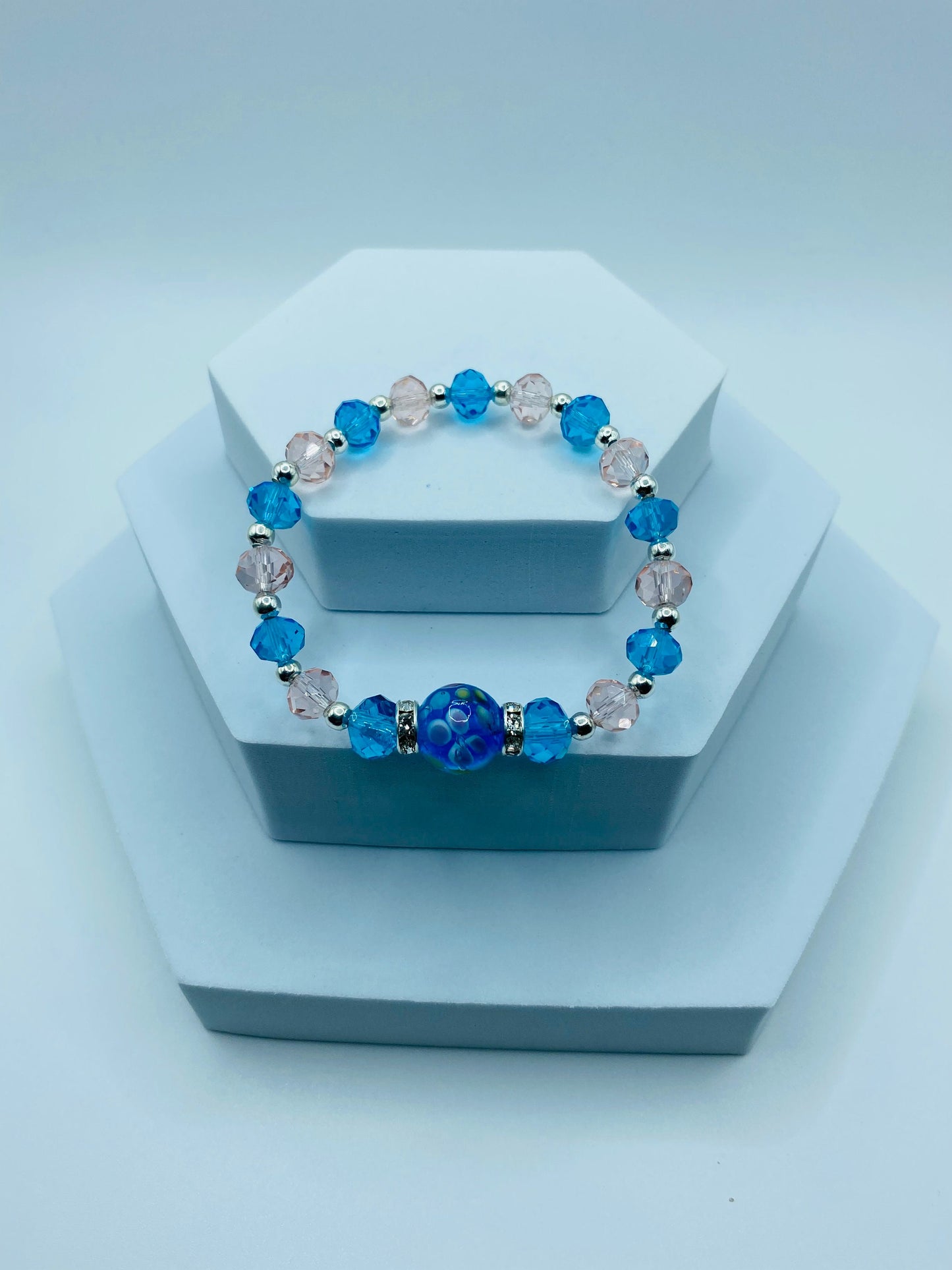 Floral Lampwork Glass Bead Bracelet: Pink & Blue Crystal