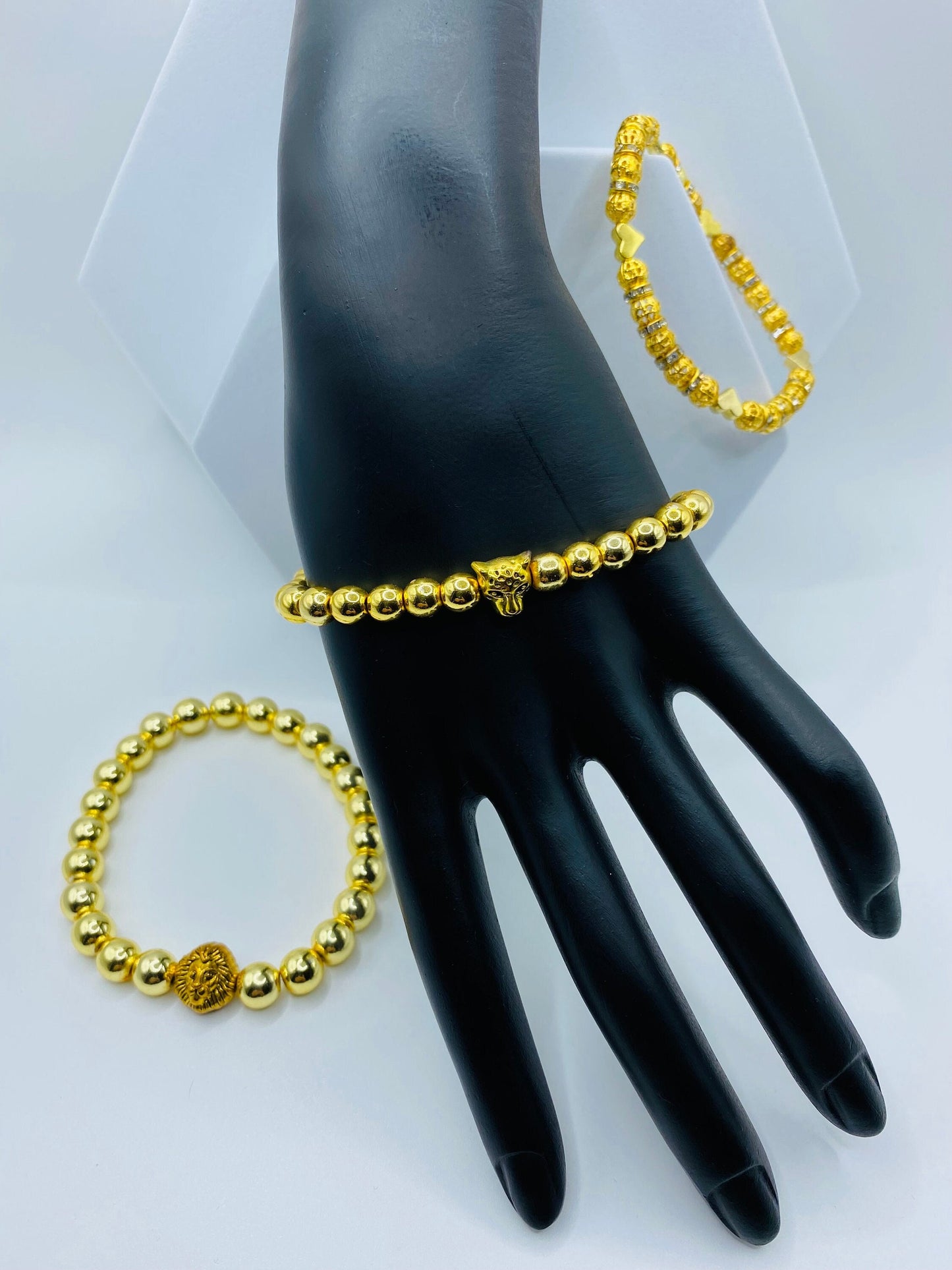 18K Gold Plated Tennis Bracelet: Hematite Beads & Leopard Charm