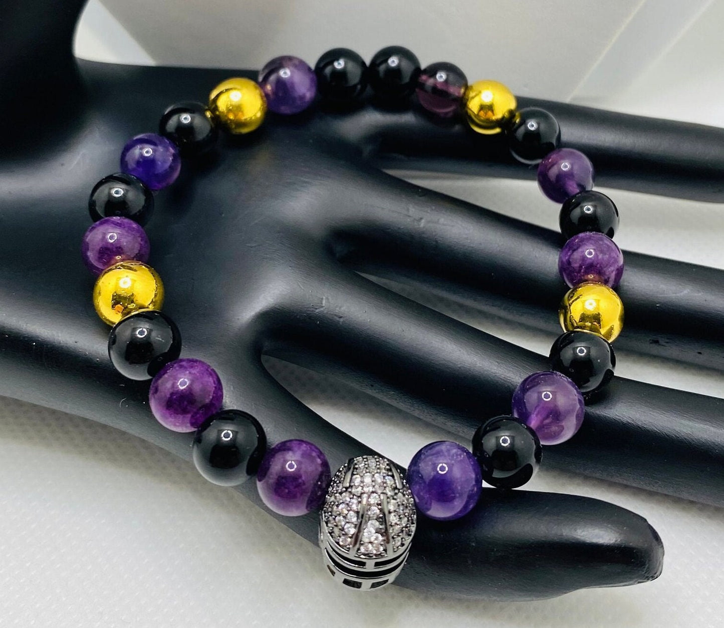 Mens Bracelet Baltimore Ravens Custom Jewelry with Football Helmet & Gemstone Beads, Gifts for him