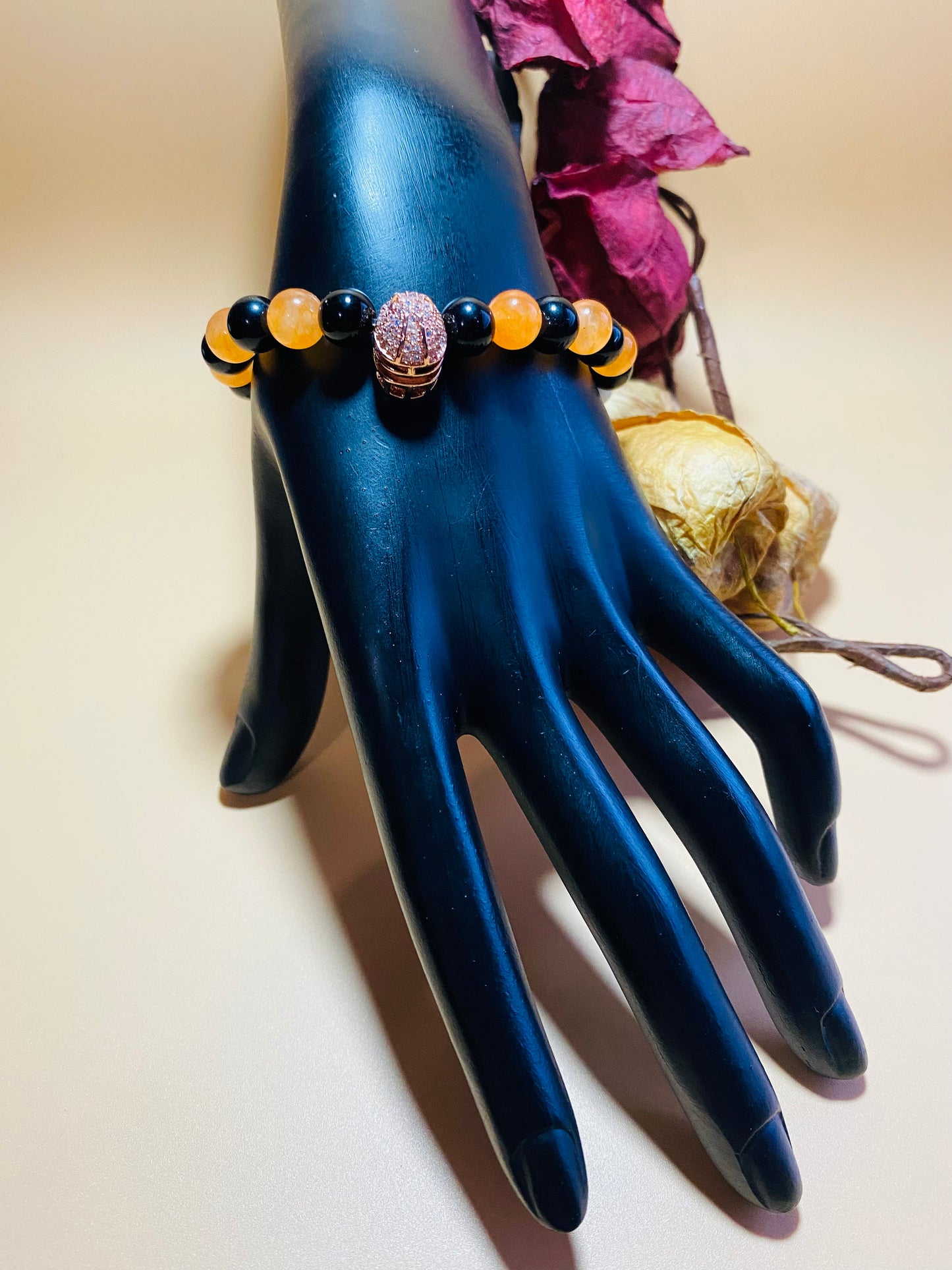 Cincinnati Bengals Bracelet: Onyx & Jade Gemstone Beads with Football Helmet