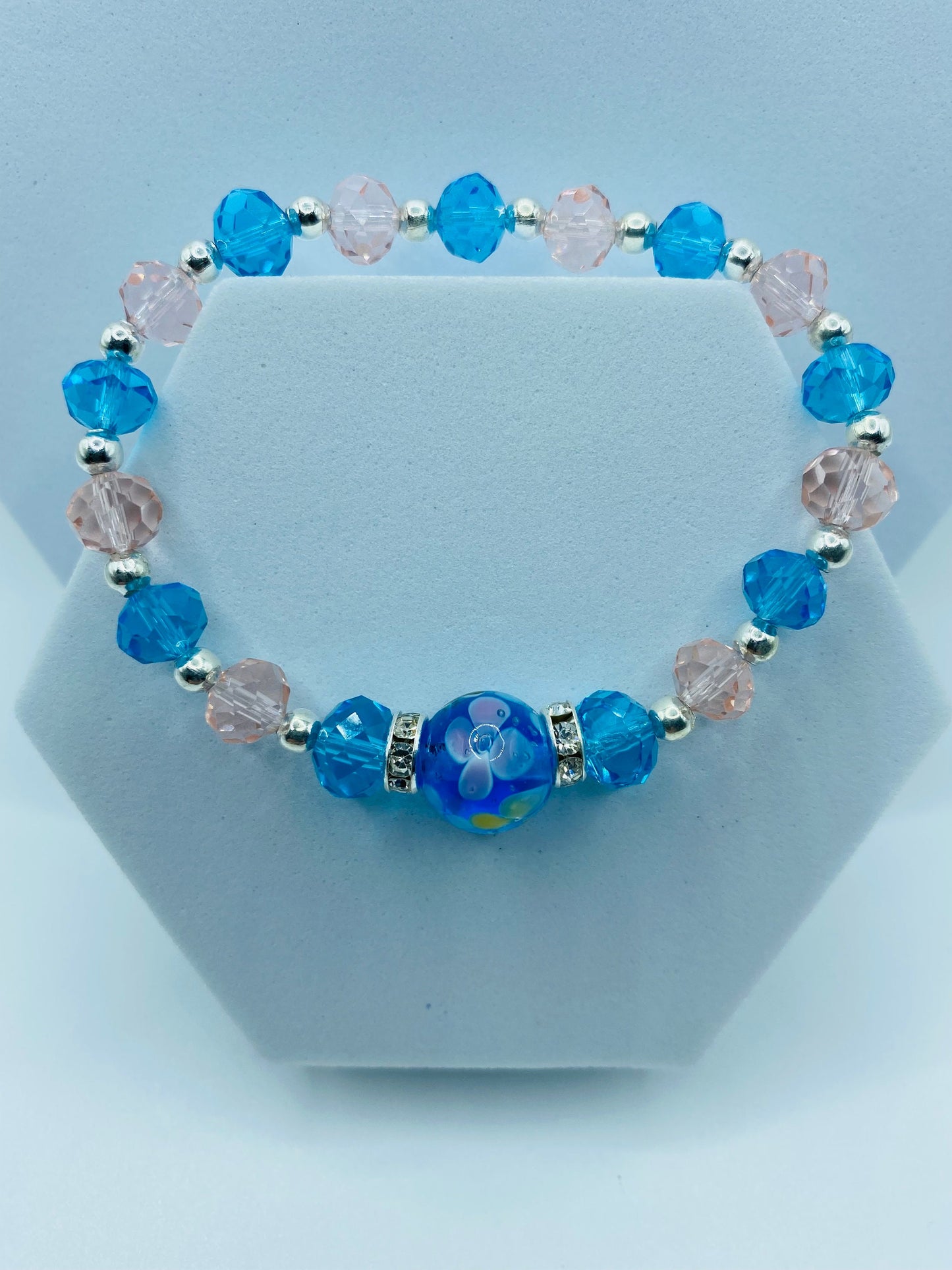 Floral Lampwork Glass Bead Bracelet: Pink & Blue Crystal
