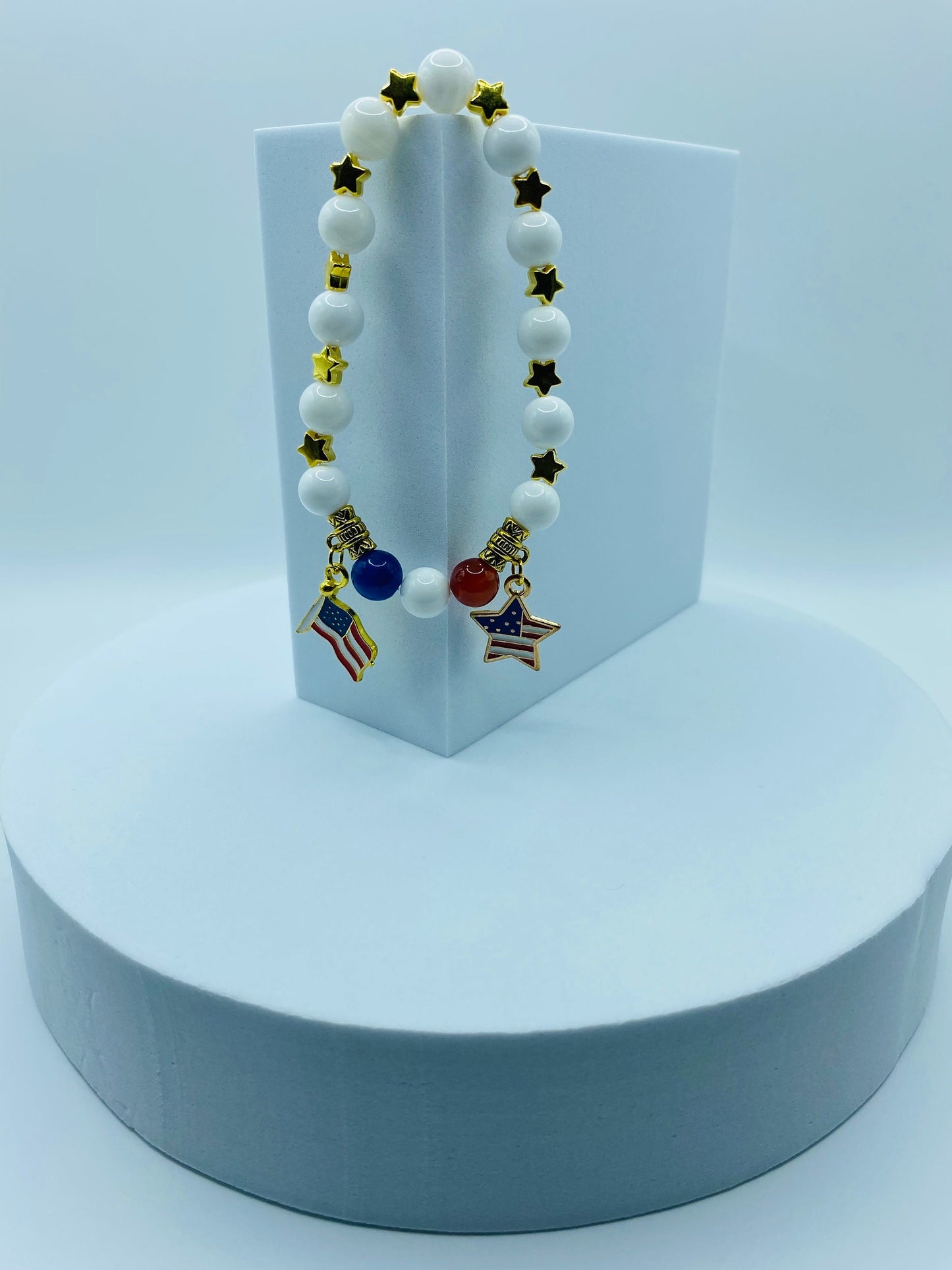 American Flag Charm Bracelet: Red Carnelian, Blue Agate, Mother of Pearl