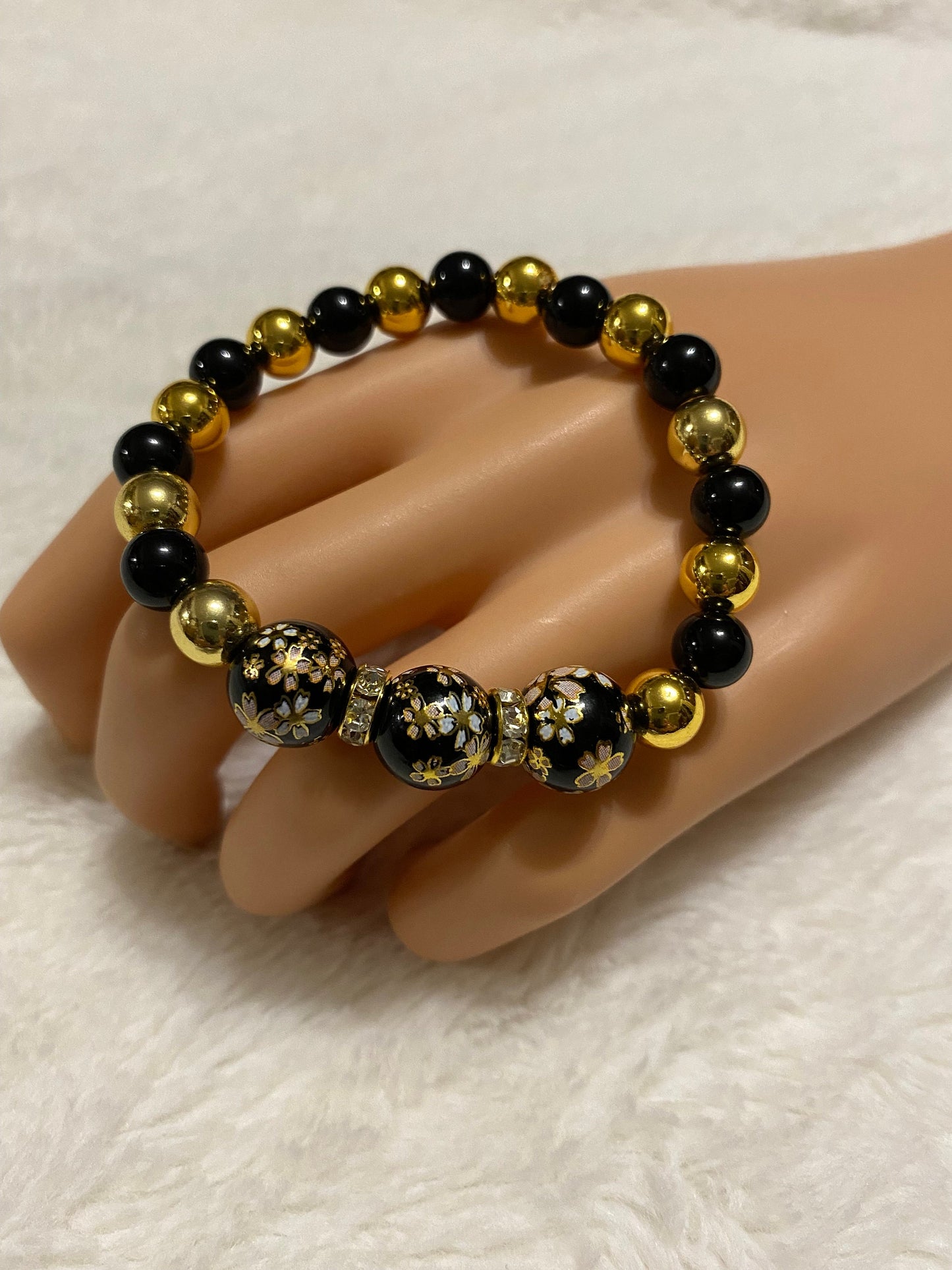 Handmade Floral Painted Glass Bead Bracelet: Onyx & 18k Gold Hematite